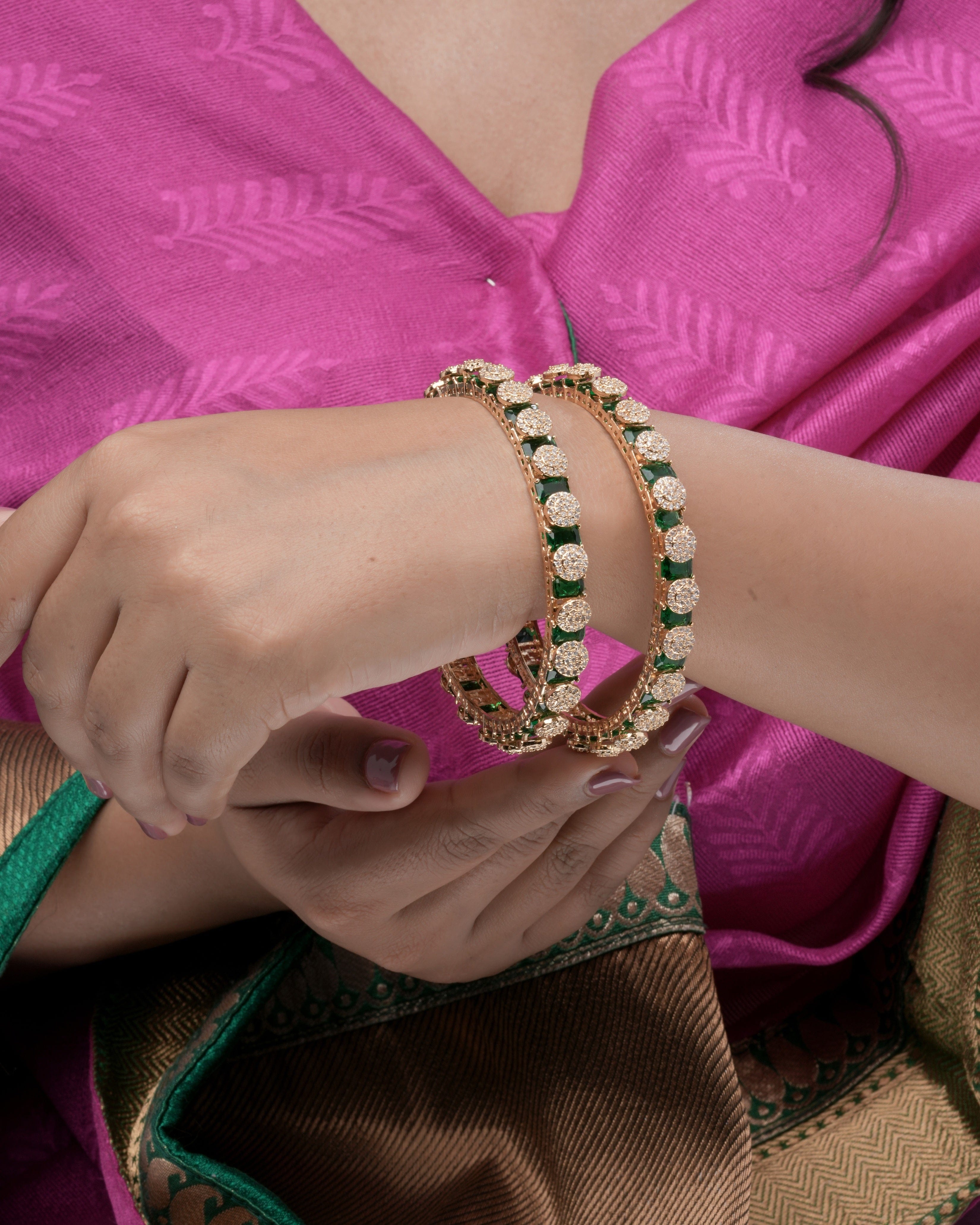 Elegant Gold-Plated Pacheli Bangles with Green Stone & CZ Detailing