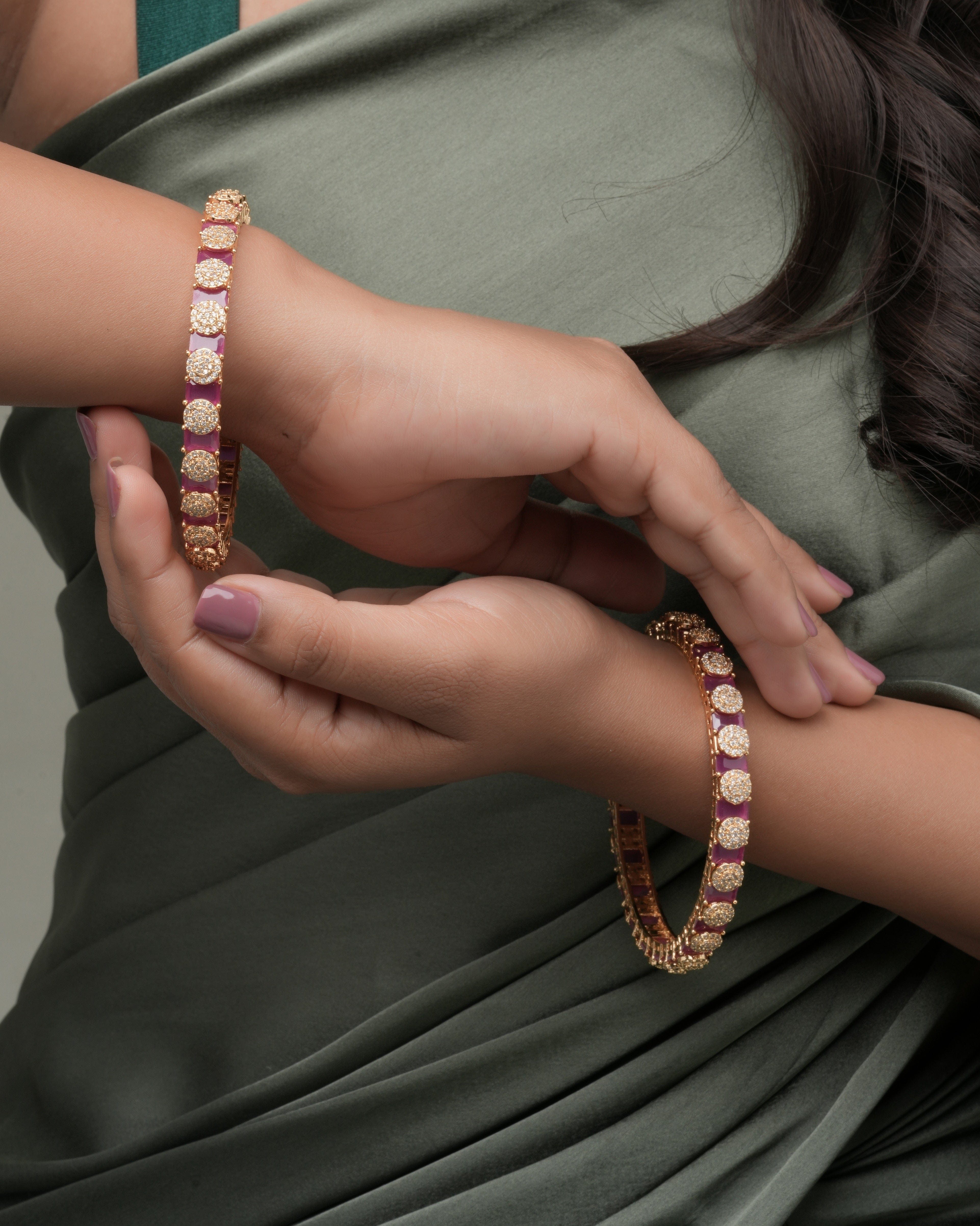 Elegant Gold-Plated Pacheli Bangles with Green Stone & CZ Detailing