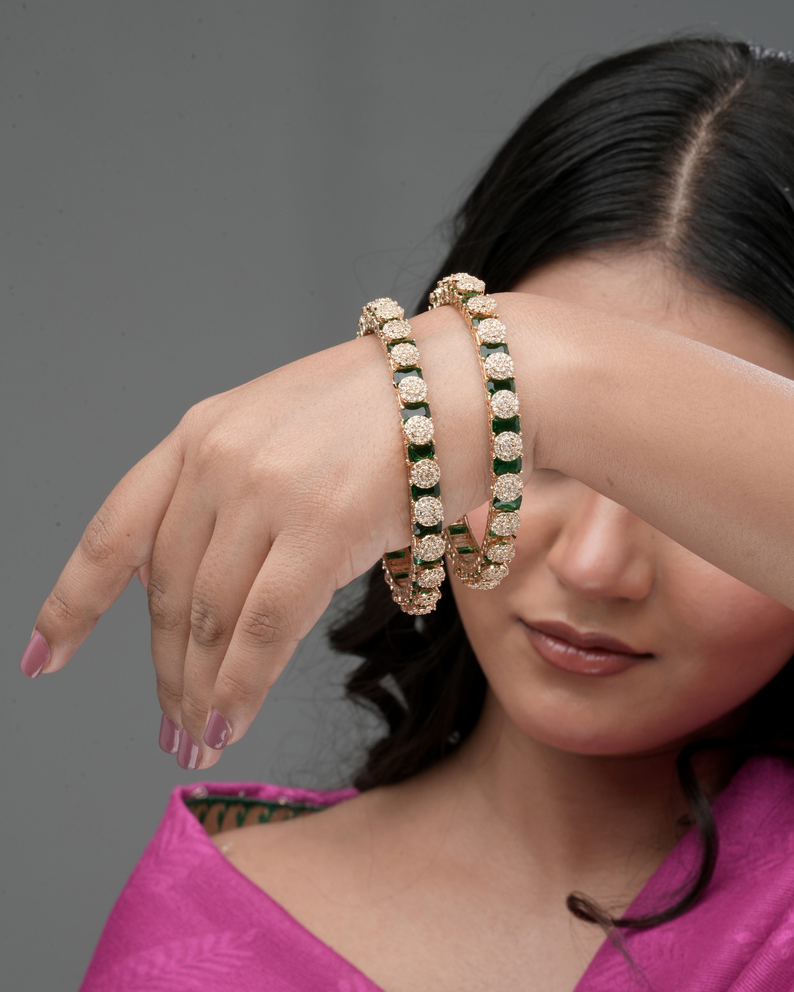 Elegant Gold-Plated Pacheli Bangles with Green Stone & CZ Detailing