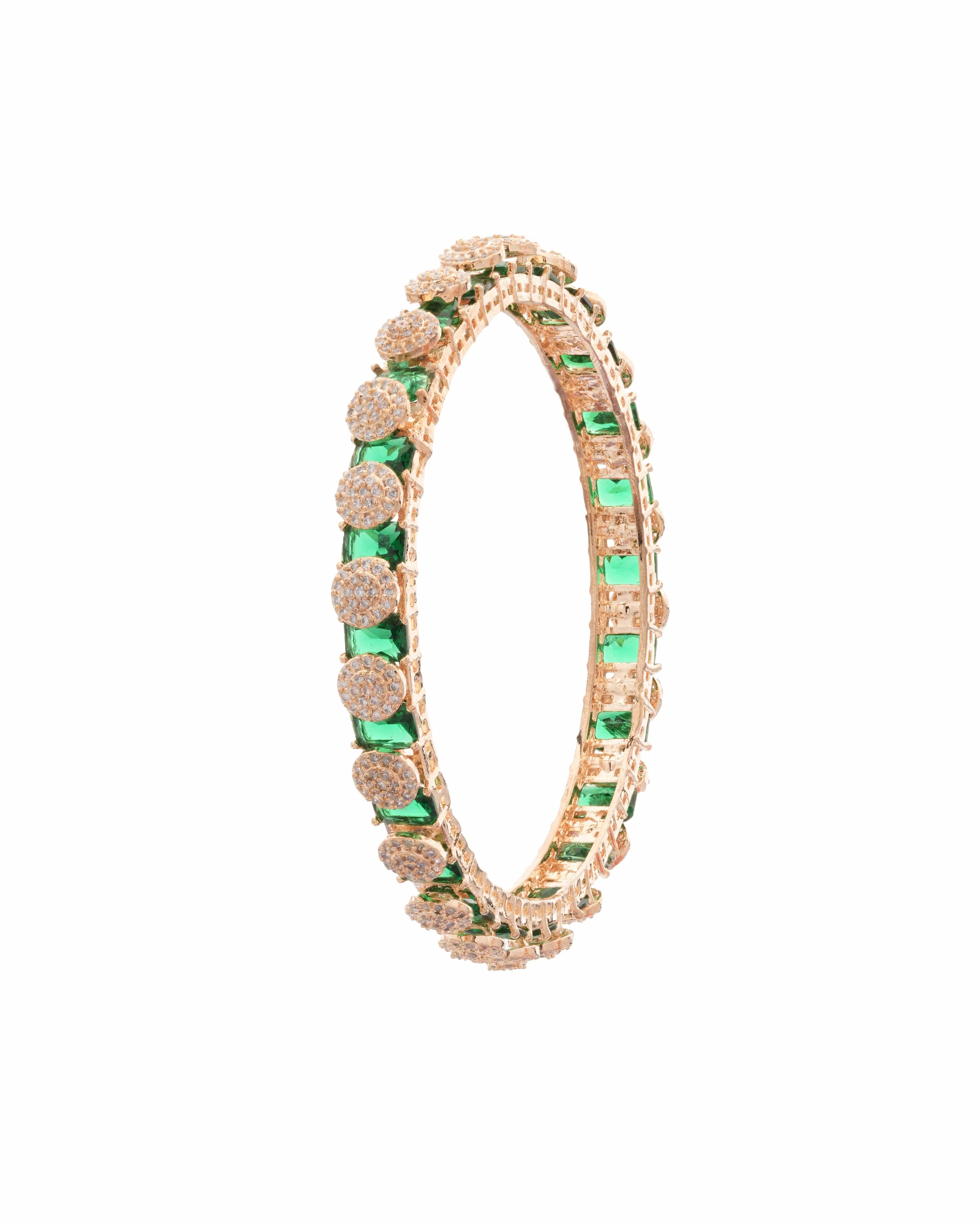 Elegant Gold-Plated Pacheli Bangles with Green Stone & CZ Detailing