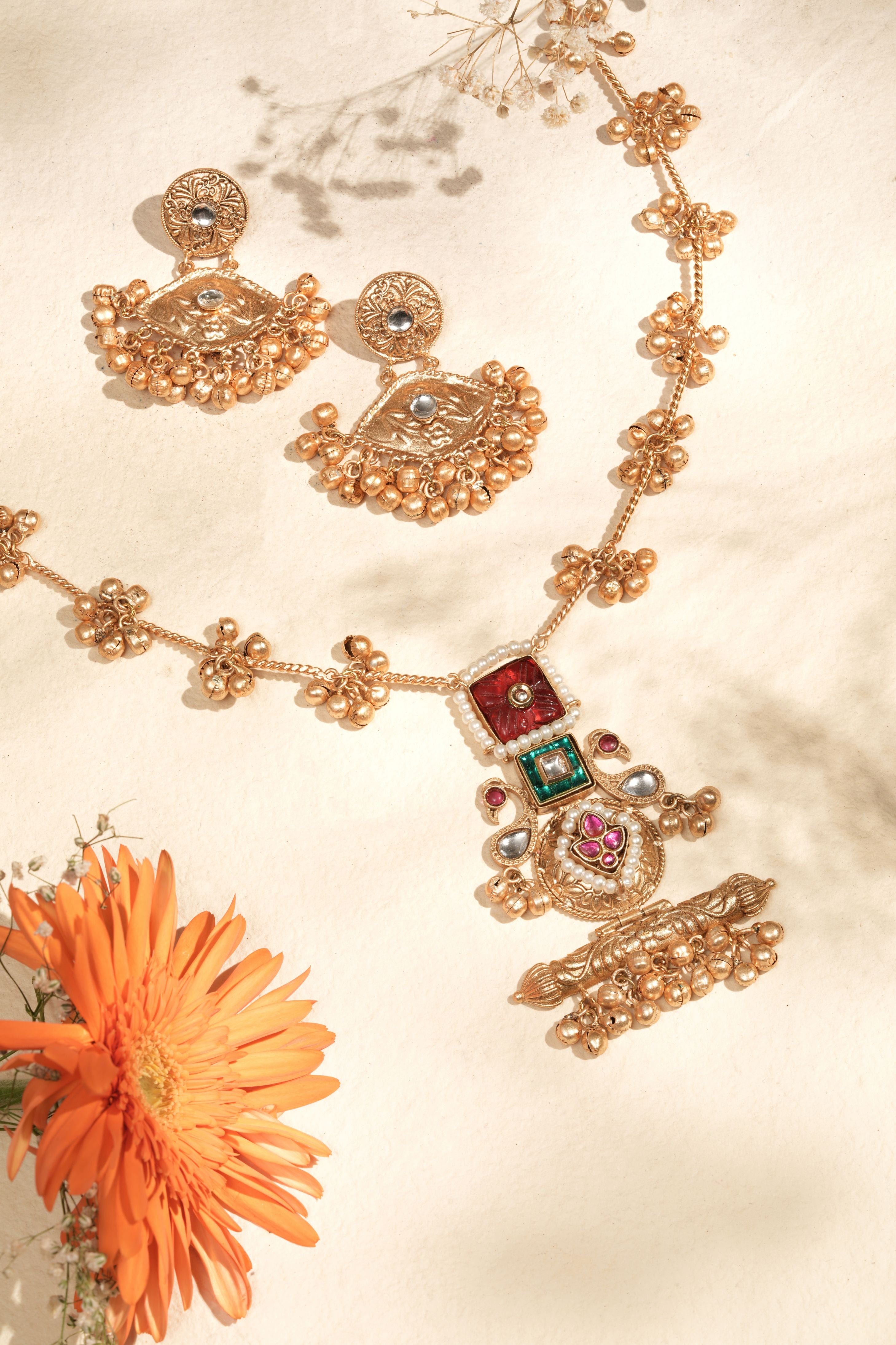 Handmade Regal Gold-Plated temple Necklace with gold Beads, Ruby, Teal and Green stones