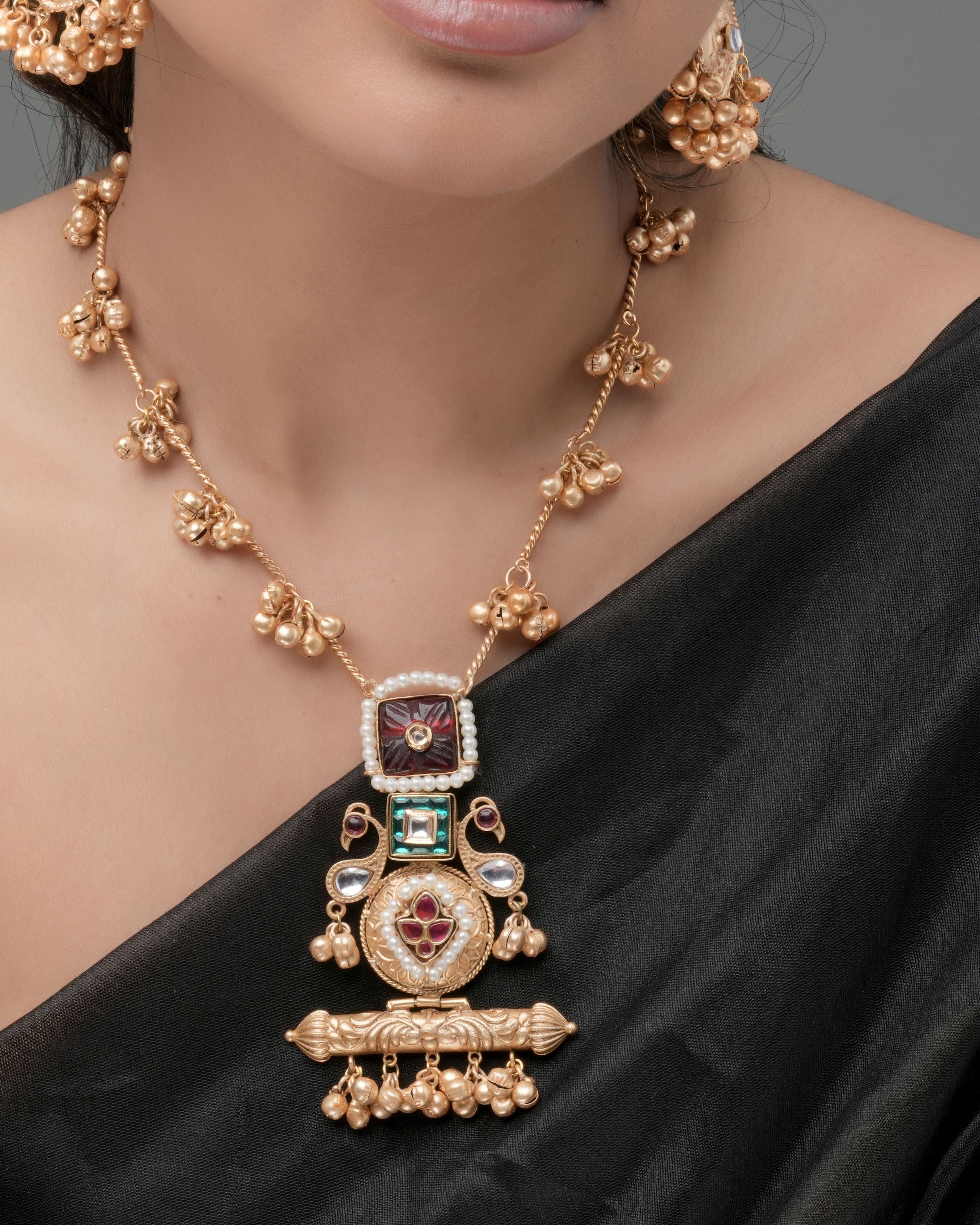Handmade Regal Gold-Plated temple Necklace with gold Beads, Ruby, Teal and Green stones
