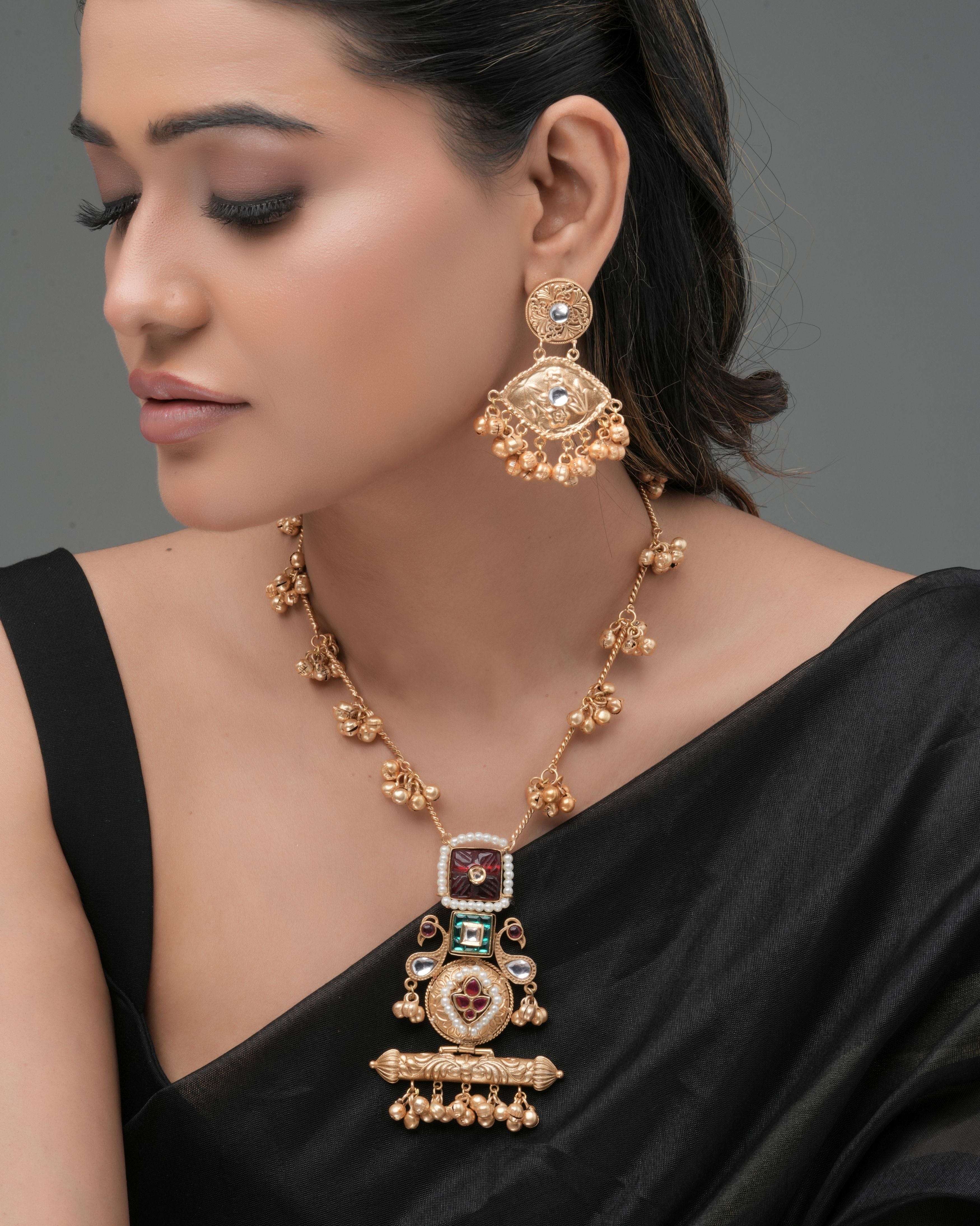 Handmade Regal Gold-Plated temple Necklace with gold Beads, Ruby, Teal and Green stones