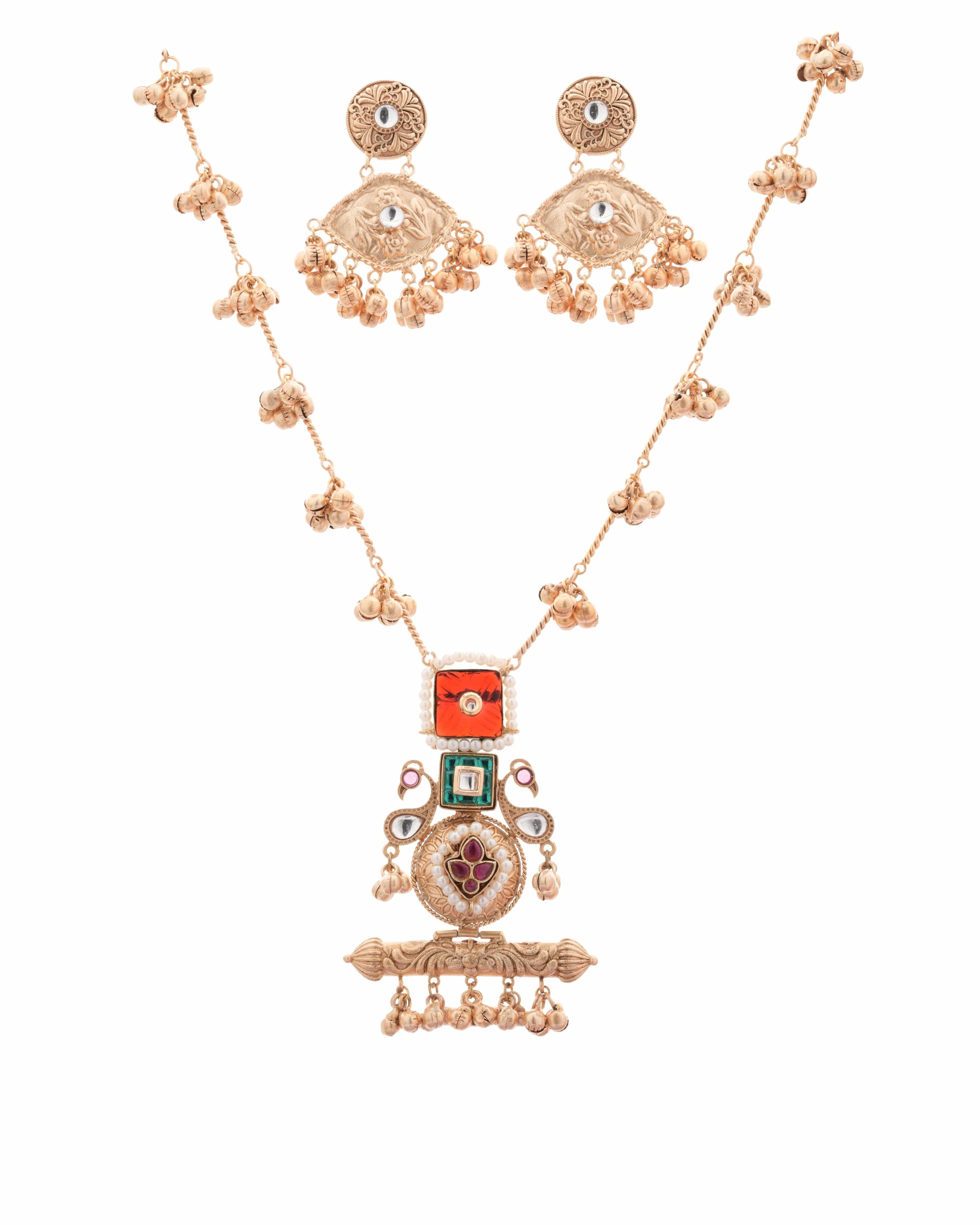 Handmade Regal Gold-Plated temple Necklace with gold Beads, Ruby, Teal and Green stones