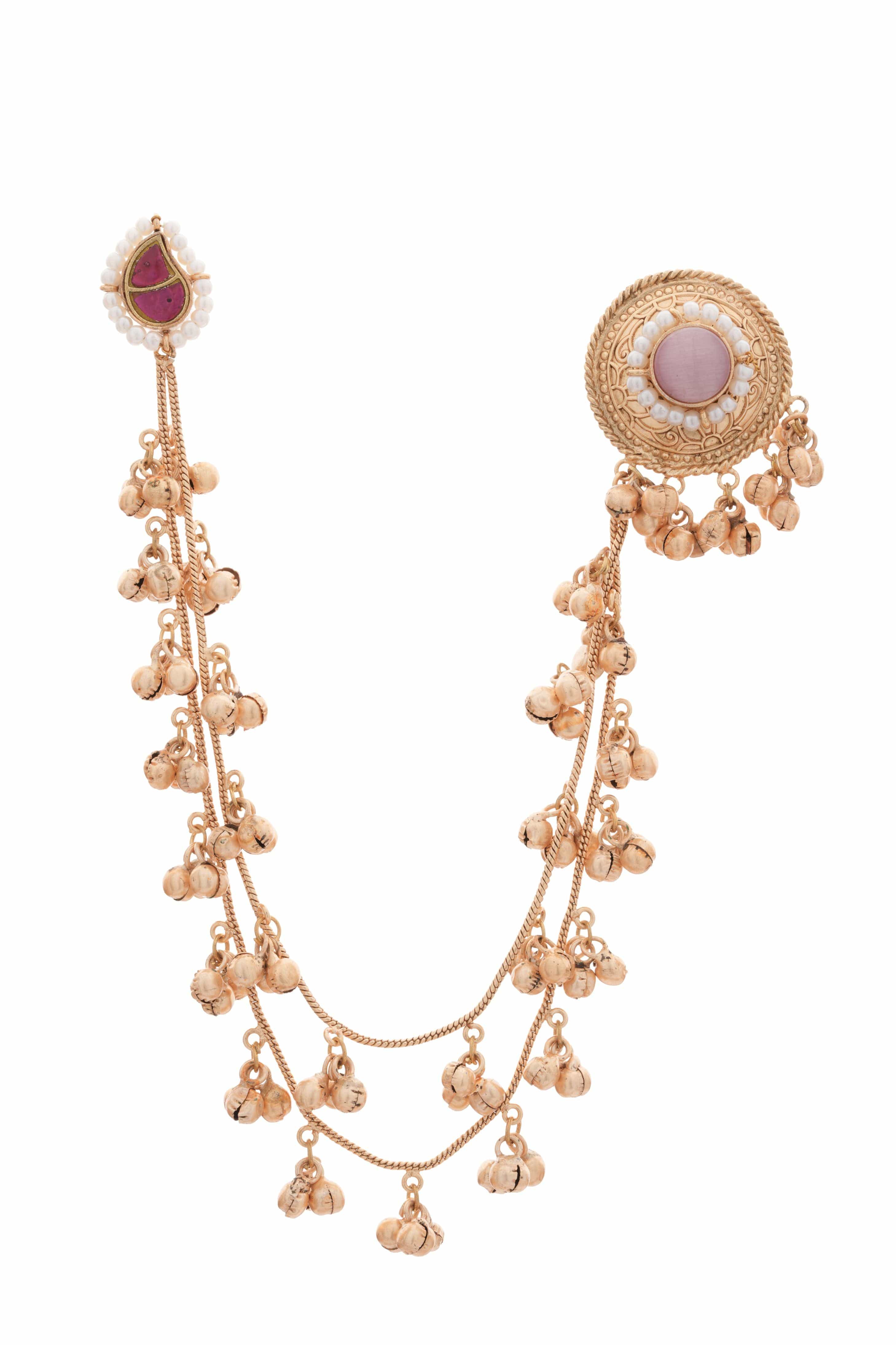 Handmade Unique Gold-Plated Temple Ear Tops with Double Layer Bead Chain – Rose Pink Stone Centerpiece