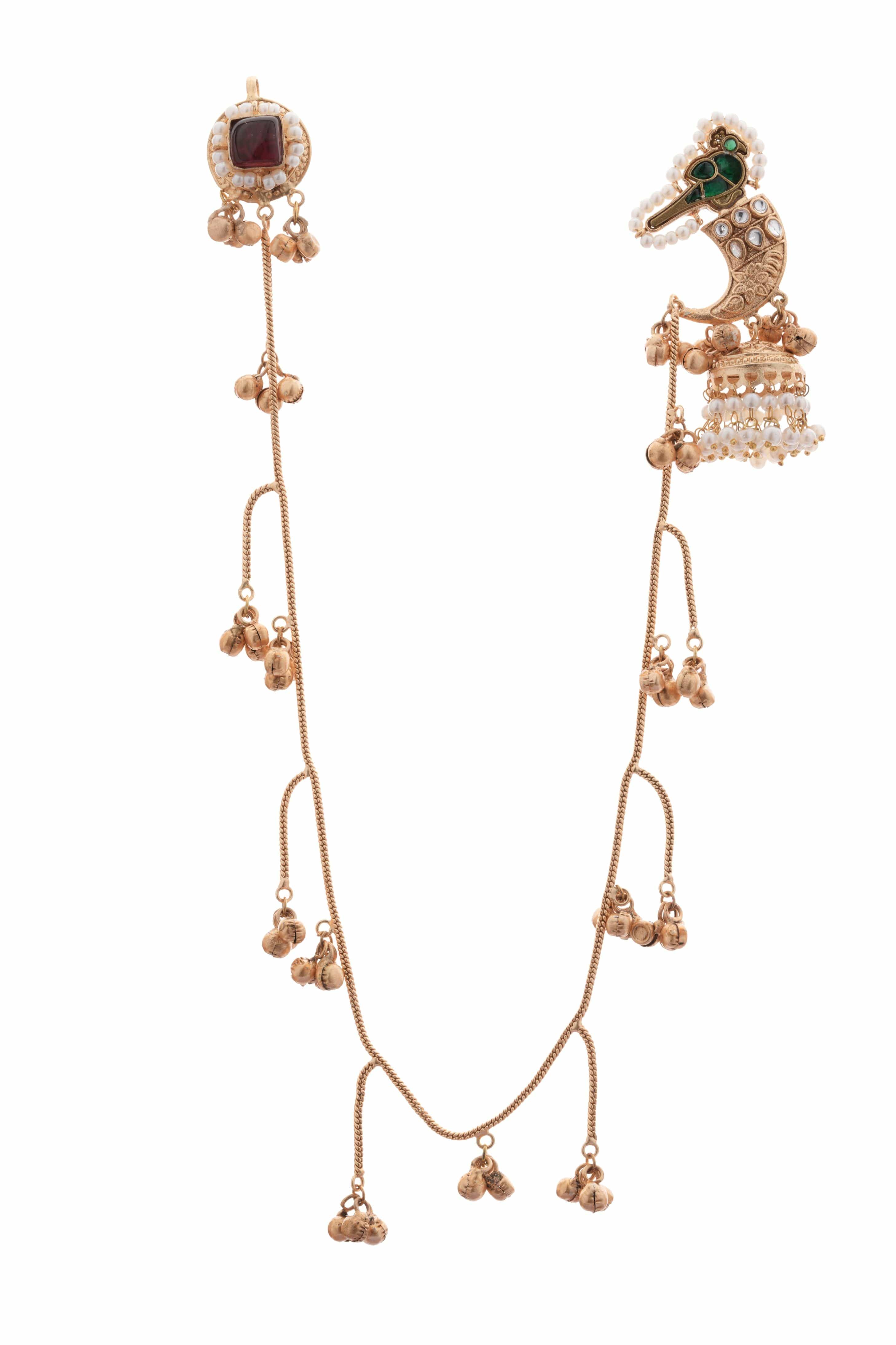 Handmade Unique Gold-Plated Temple Ear Tops with Double Layer Bead Chain – Rose Pink Stone Centerpiece