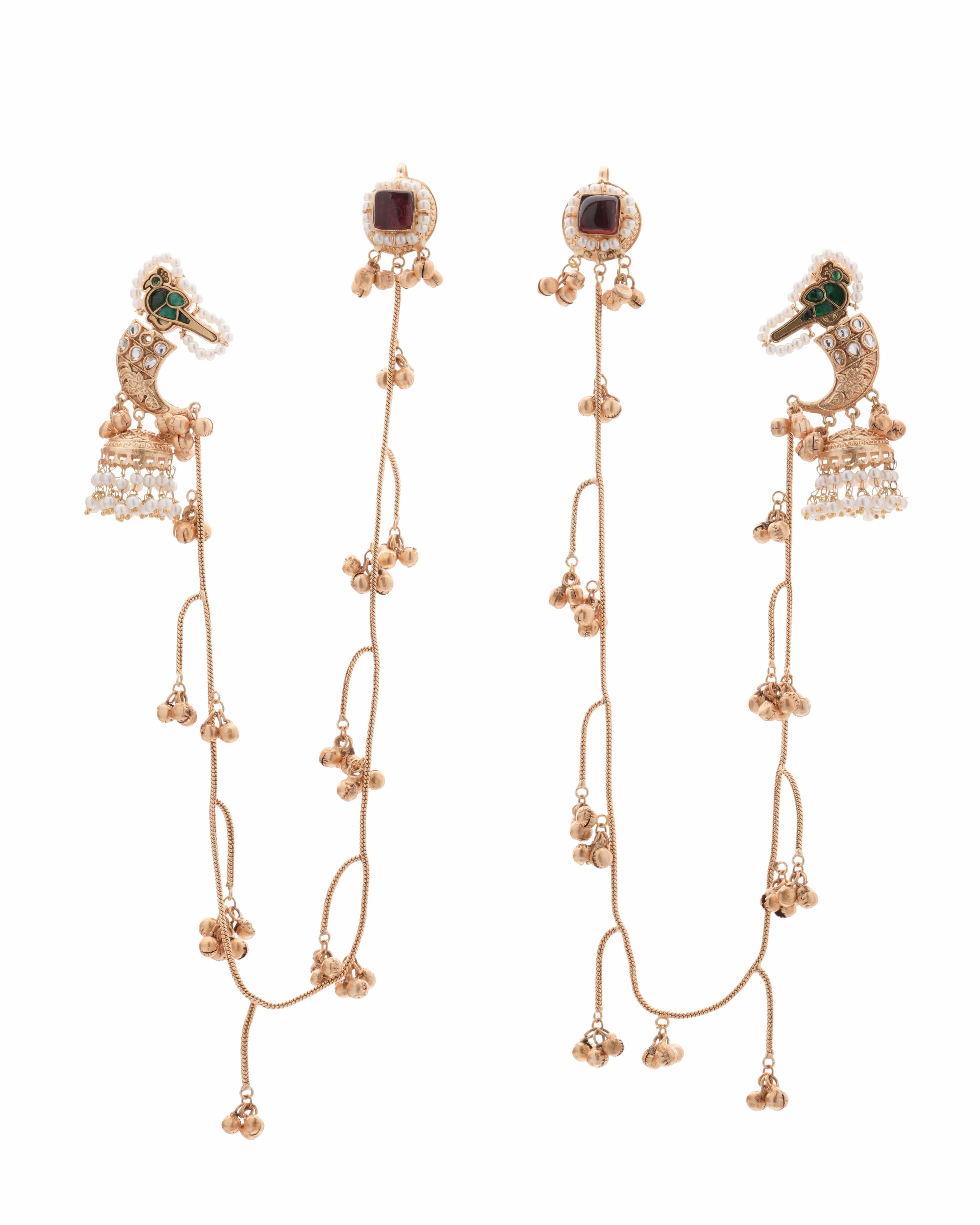Handmade Unique Gold-Plated Temple Ear Tops with Double Layer Bead Chain – Rose Pink Stone Centerpiece
