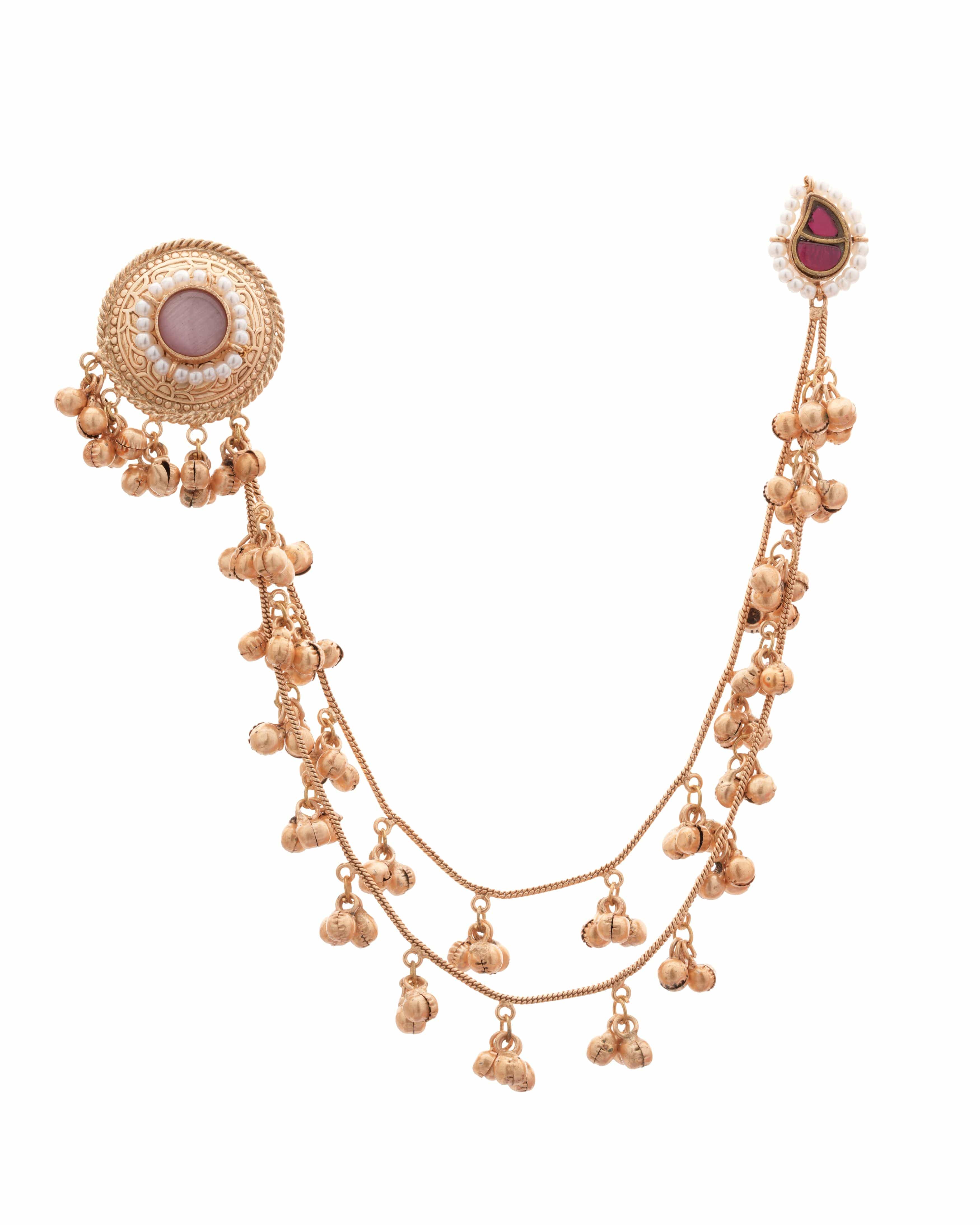 Handmade Unique Gold-Plated Temple Ear Tops with Double Layer Bead Chain – Rose Pink Stone Centerpiece