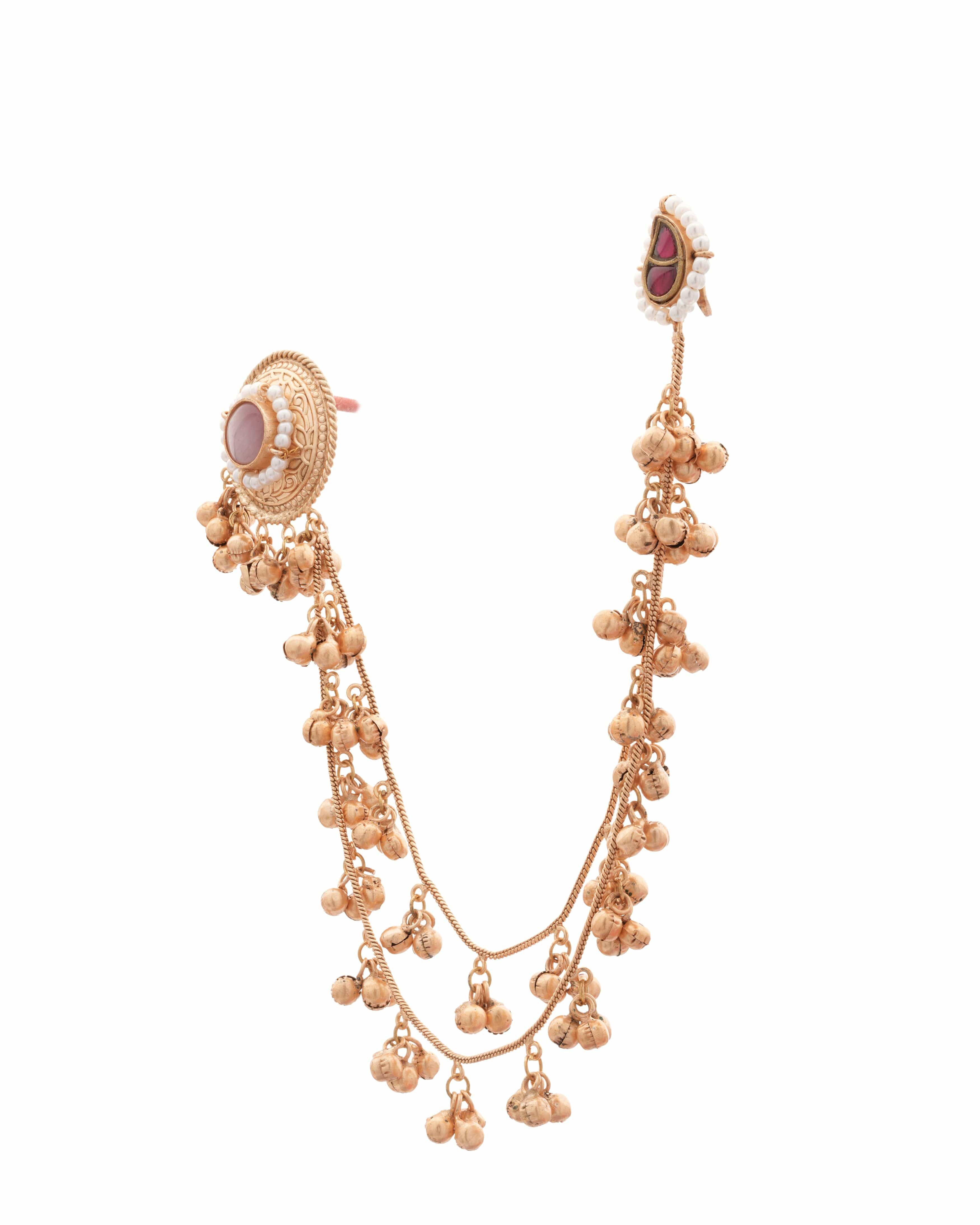 Handmade Unique Gold-Plated Temple Ear Tops with Double Layer Bead Chain – Rose Pink Stone Centerpiece