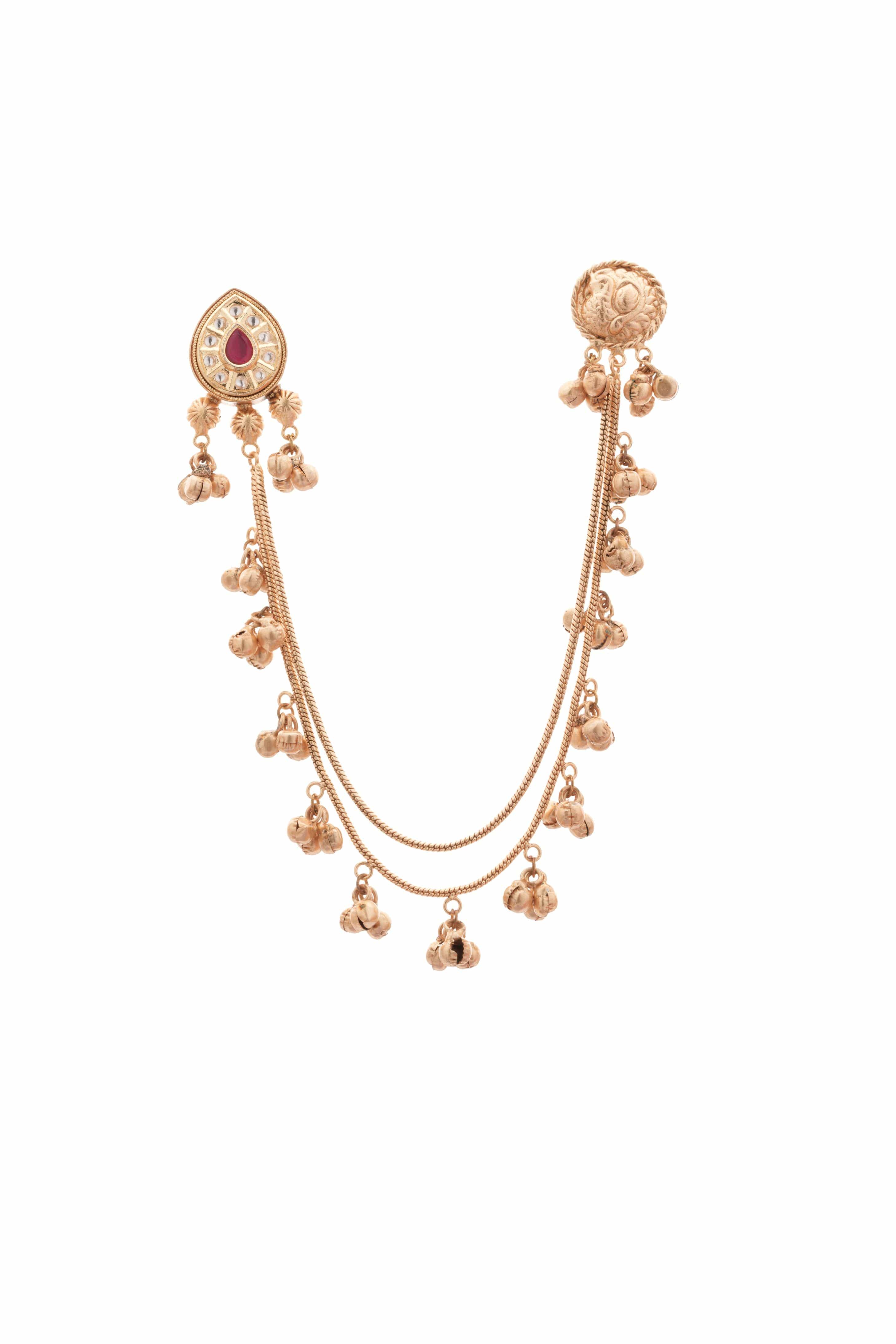 Unique handmade Gold-Plated Temple Ear Tops with Double Layer Bead Chain – Red Stone Accent