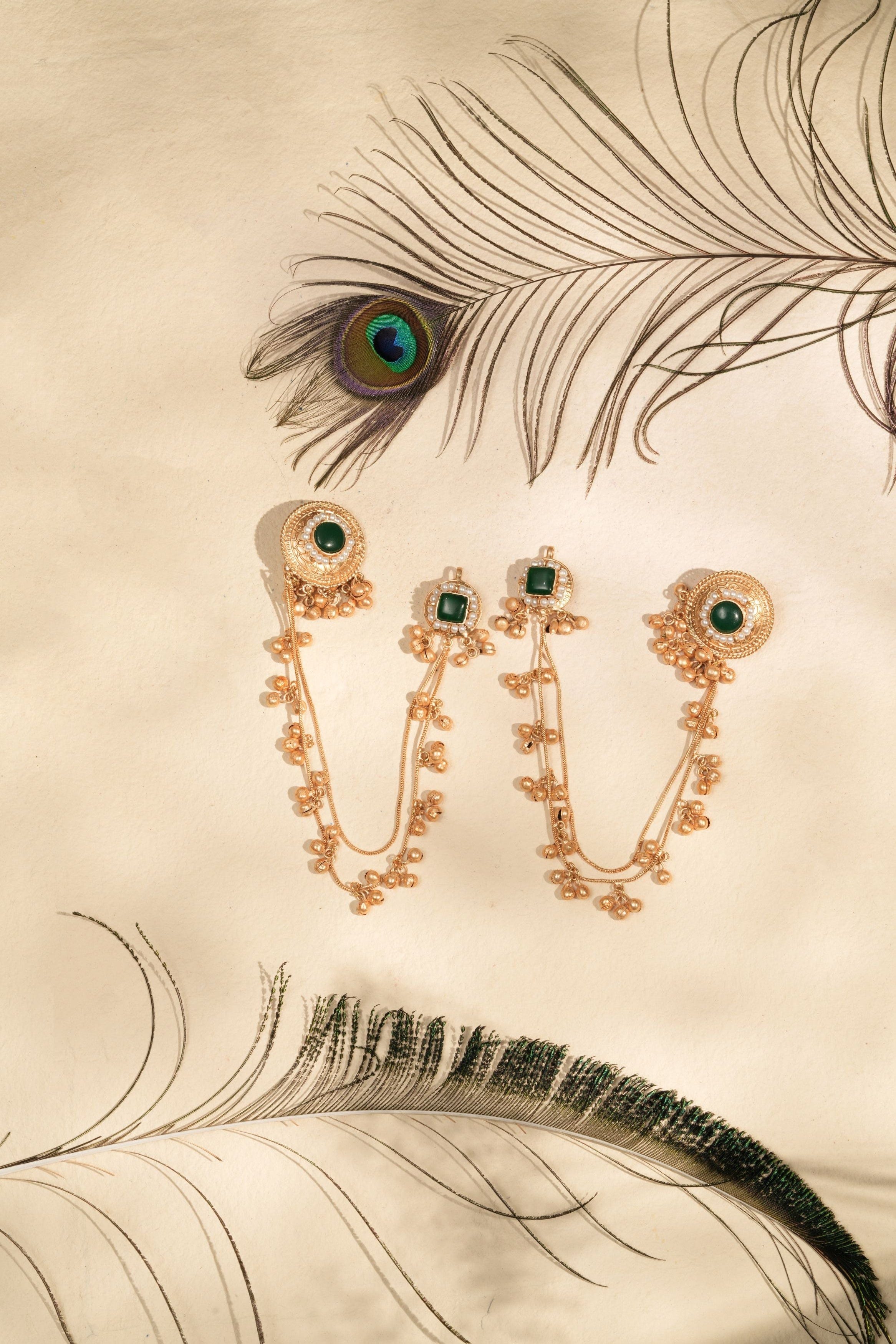 Handmade Gold-Plated Temple Ear Tops with separable Chain – Green Stone & Pearl Accent