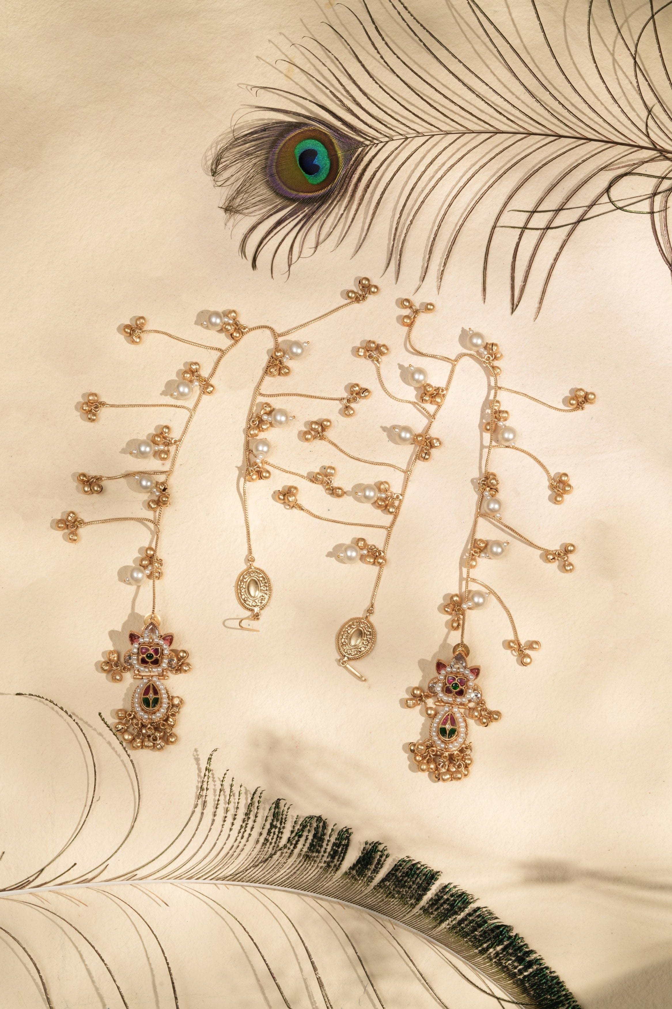 Handmade Gold-Plated Temple Ear Tops with Chain – Multicolor Stone & Pearl Detailing