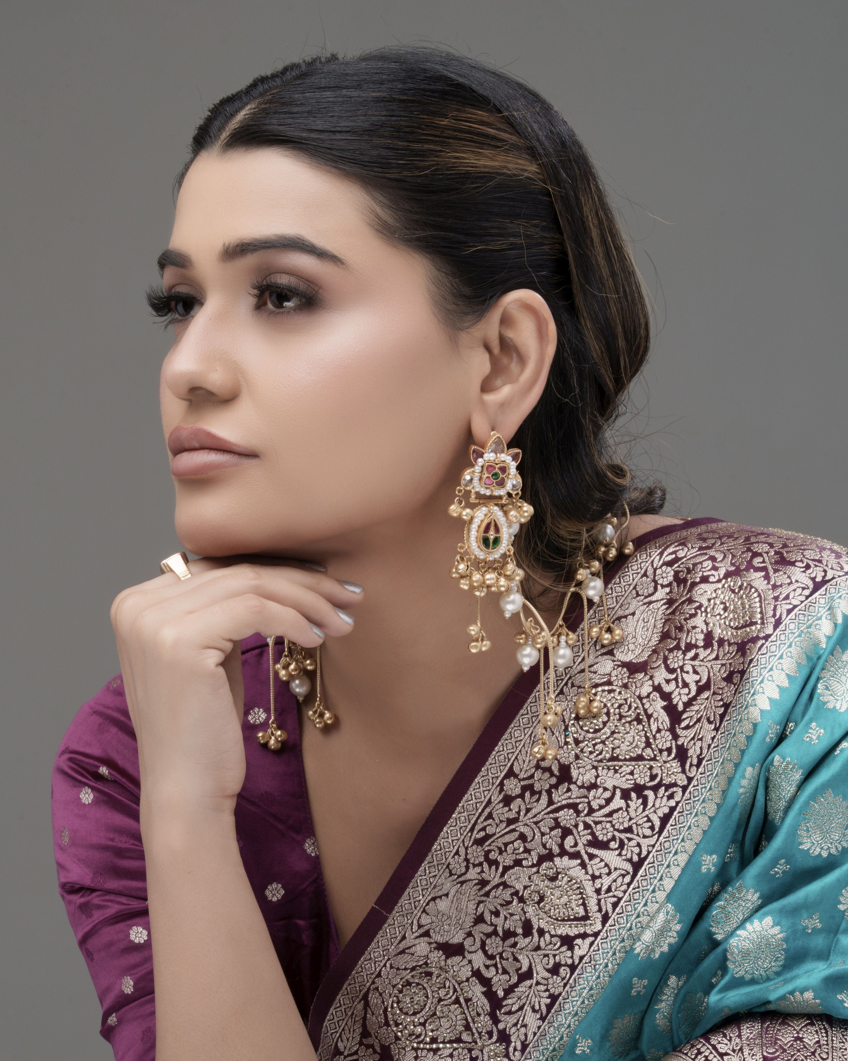 Handmade Gold-Plated Temple Ear Tops with Chain – Multicolor Stone & Pearl Detailing