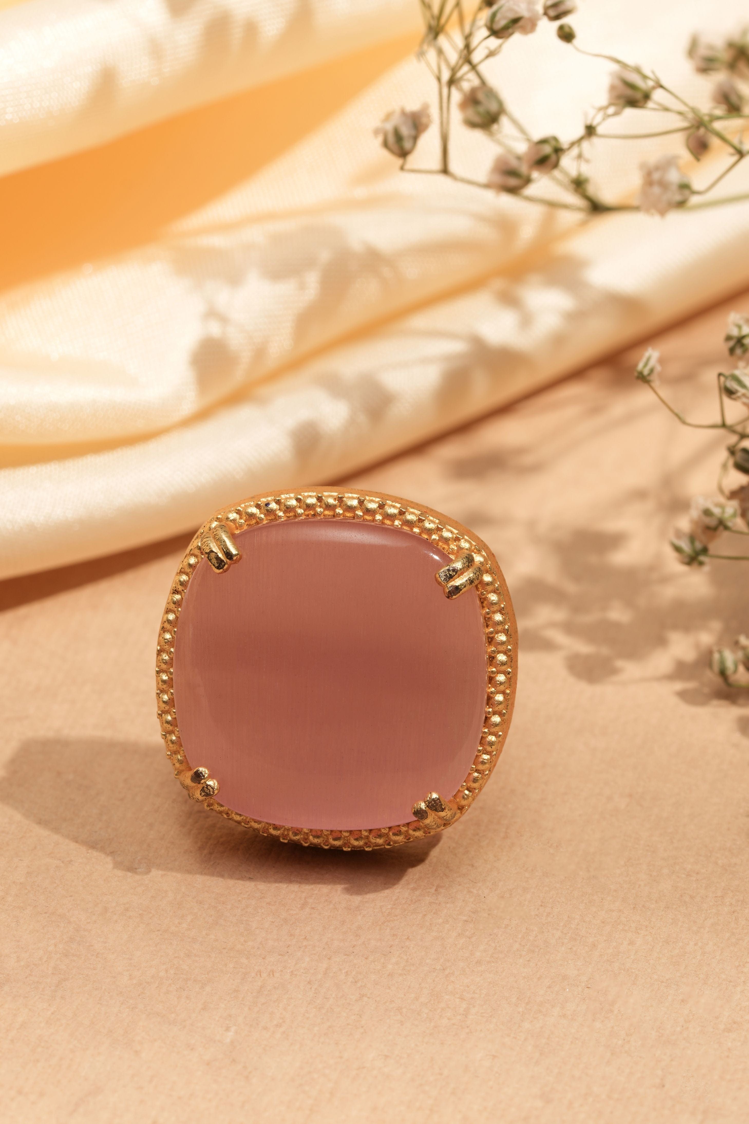 Natural Rose Quartz Stone Gold-Plated Adjustable Finger Ring