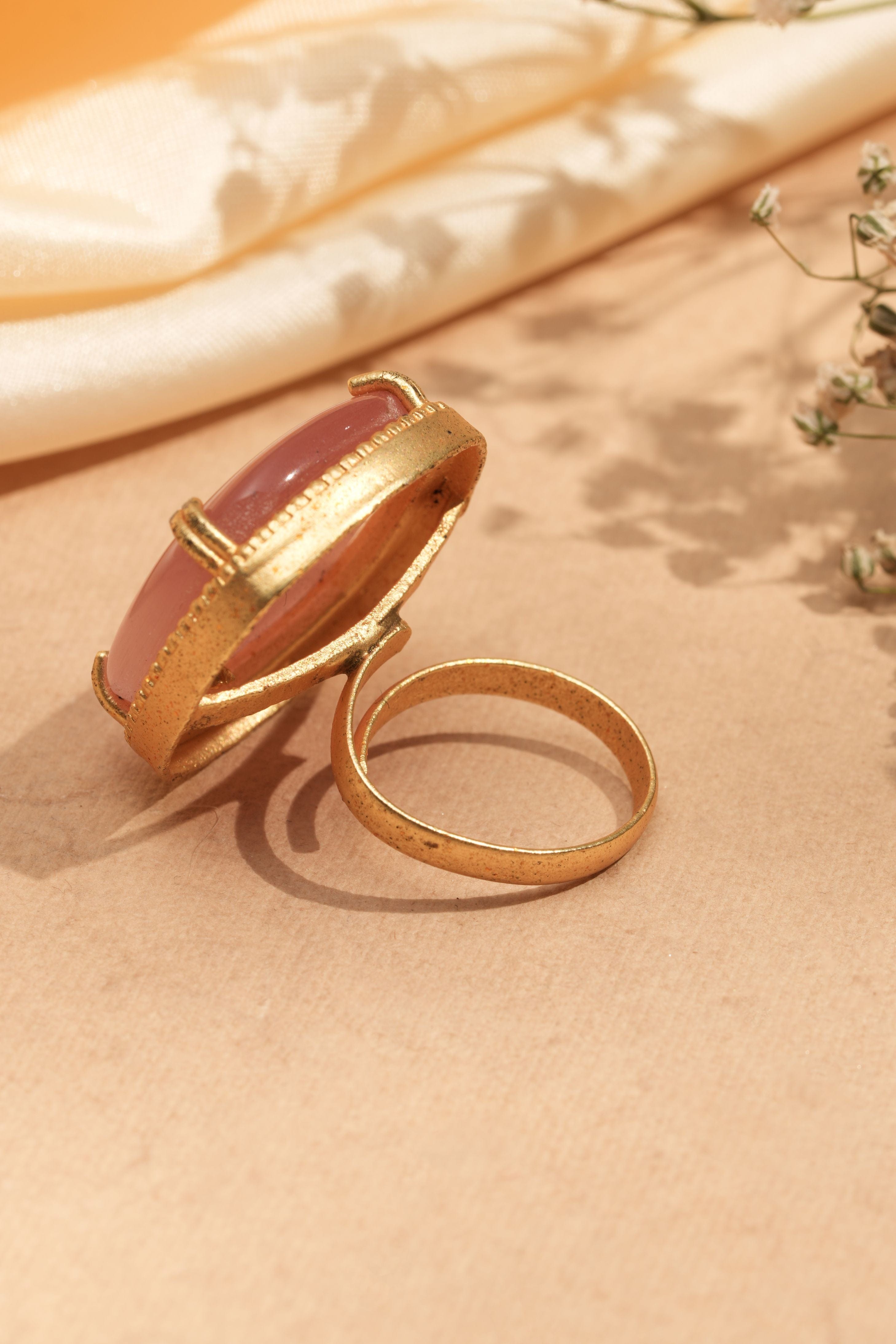 Natural Rose Quartz Stone Gold-Plated Adjustable Finger Ring