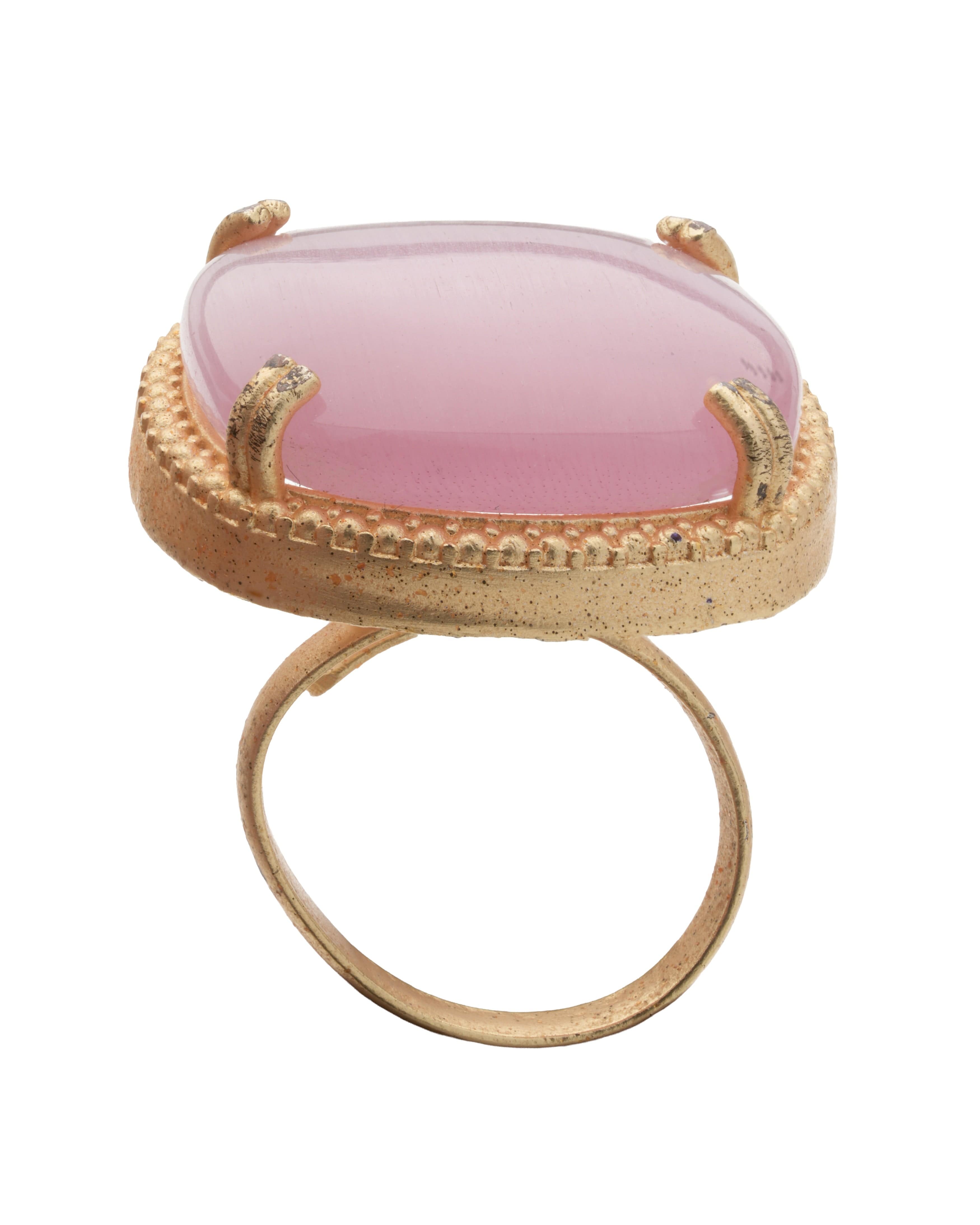 Natural Rose Quartz Stone Gold-Plated Adjustable Finger Ring