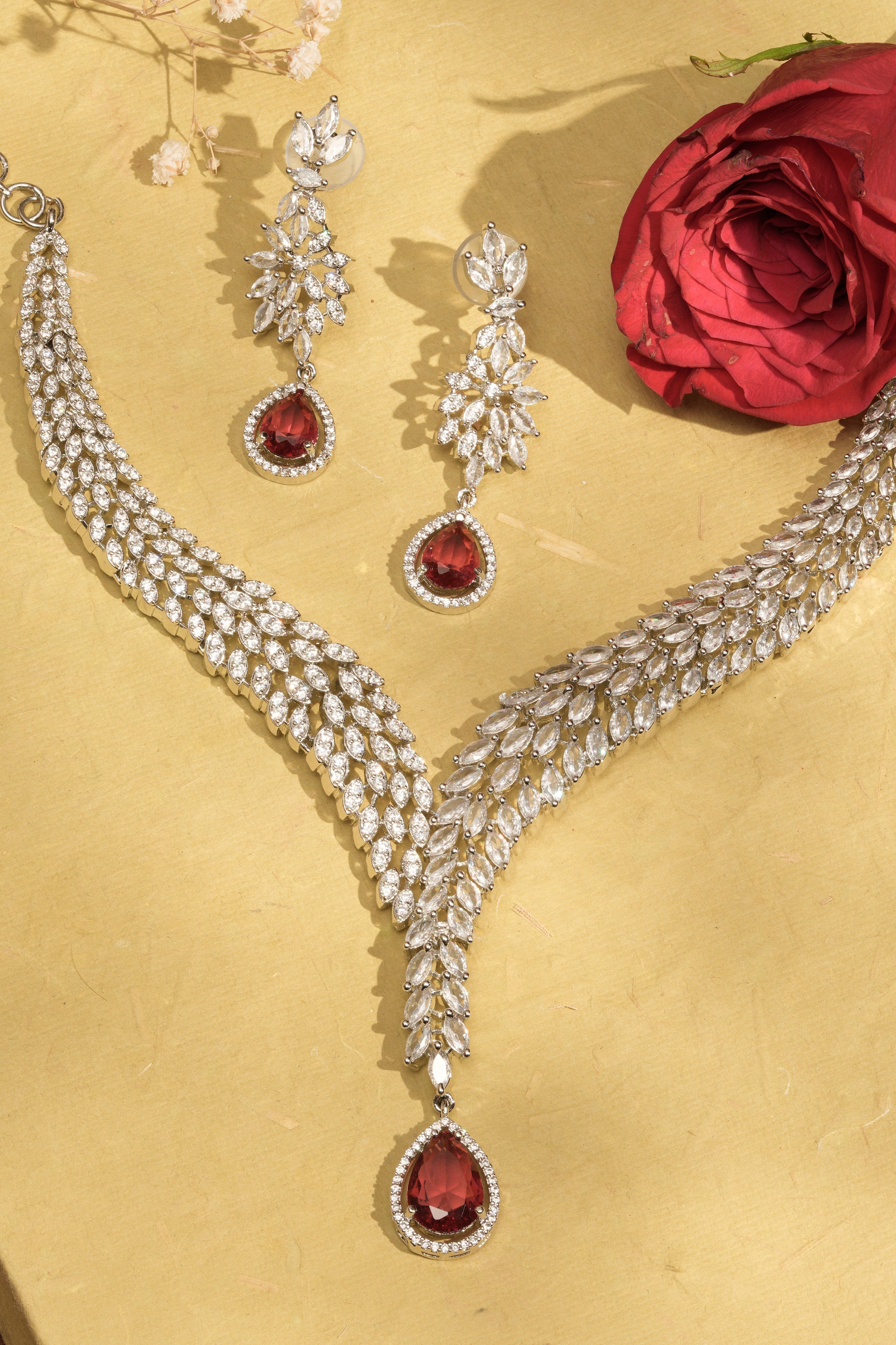 Silver-Plated Crystal Necklace & Earring Set with Ruby Red Drop