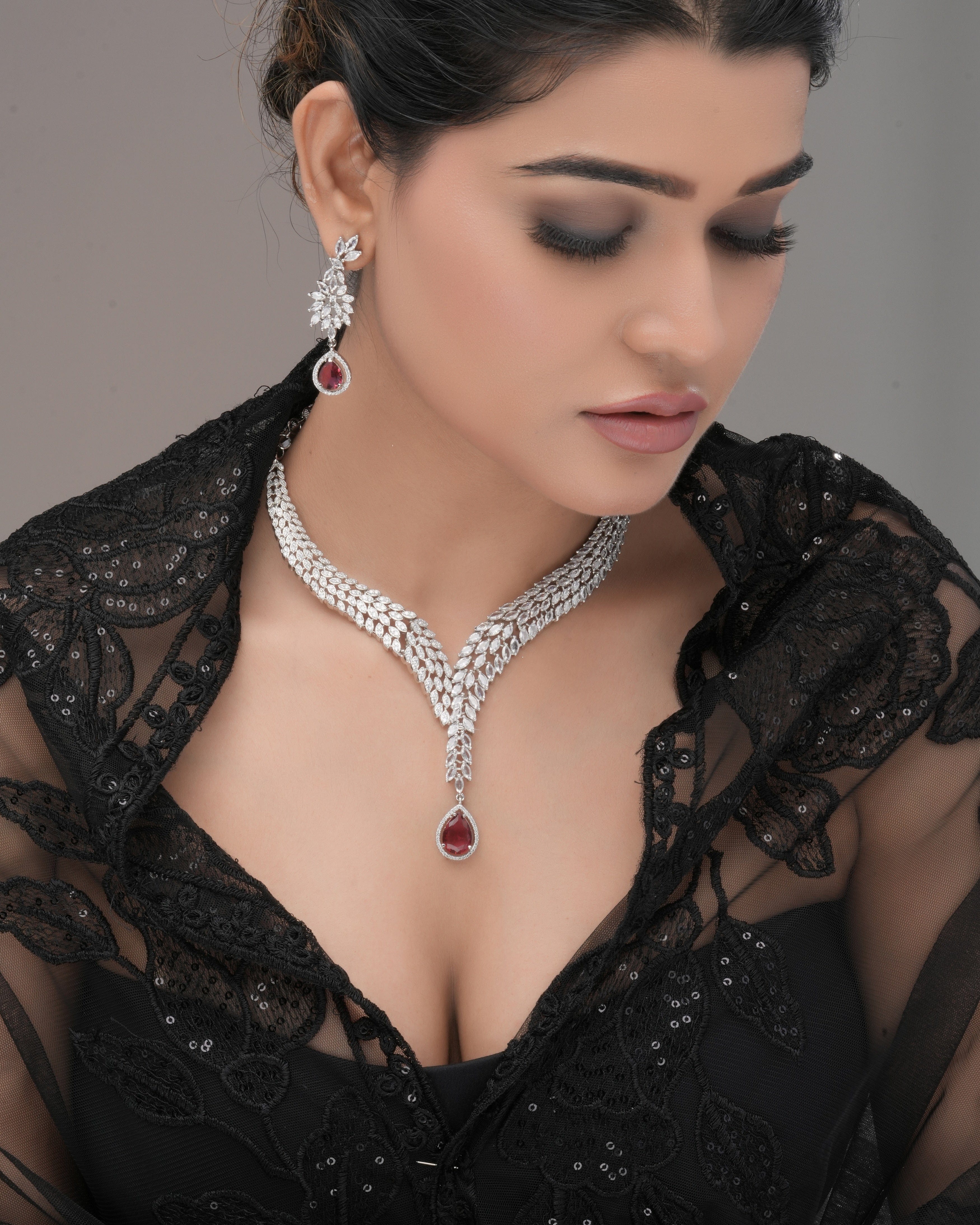 Silver-Plated Crystal Necklace & Earring Set with Ruby Red Drop
