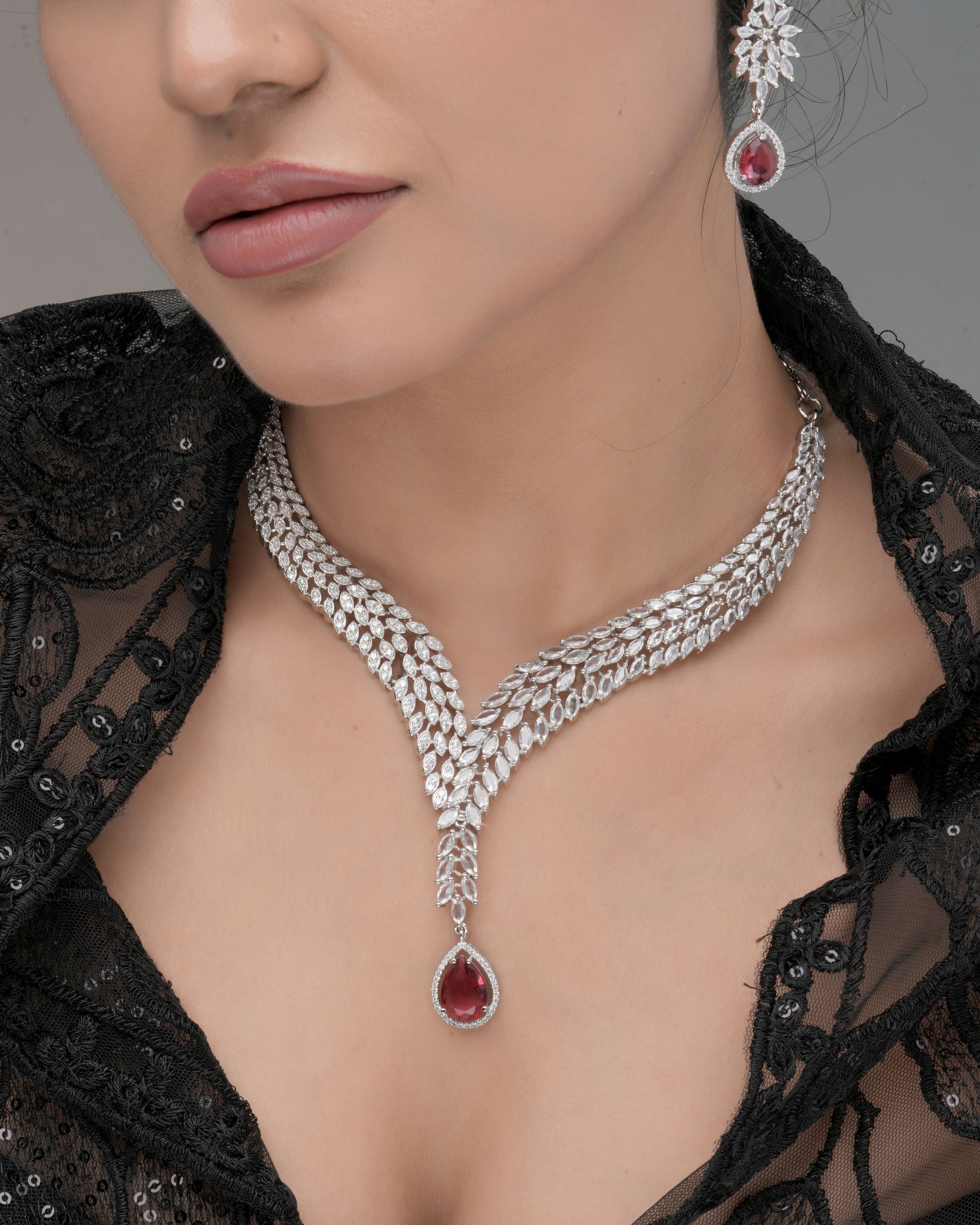 Silver-Plated Crystal Necklace & Earring Set with Ruby Red Drop