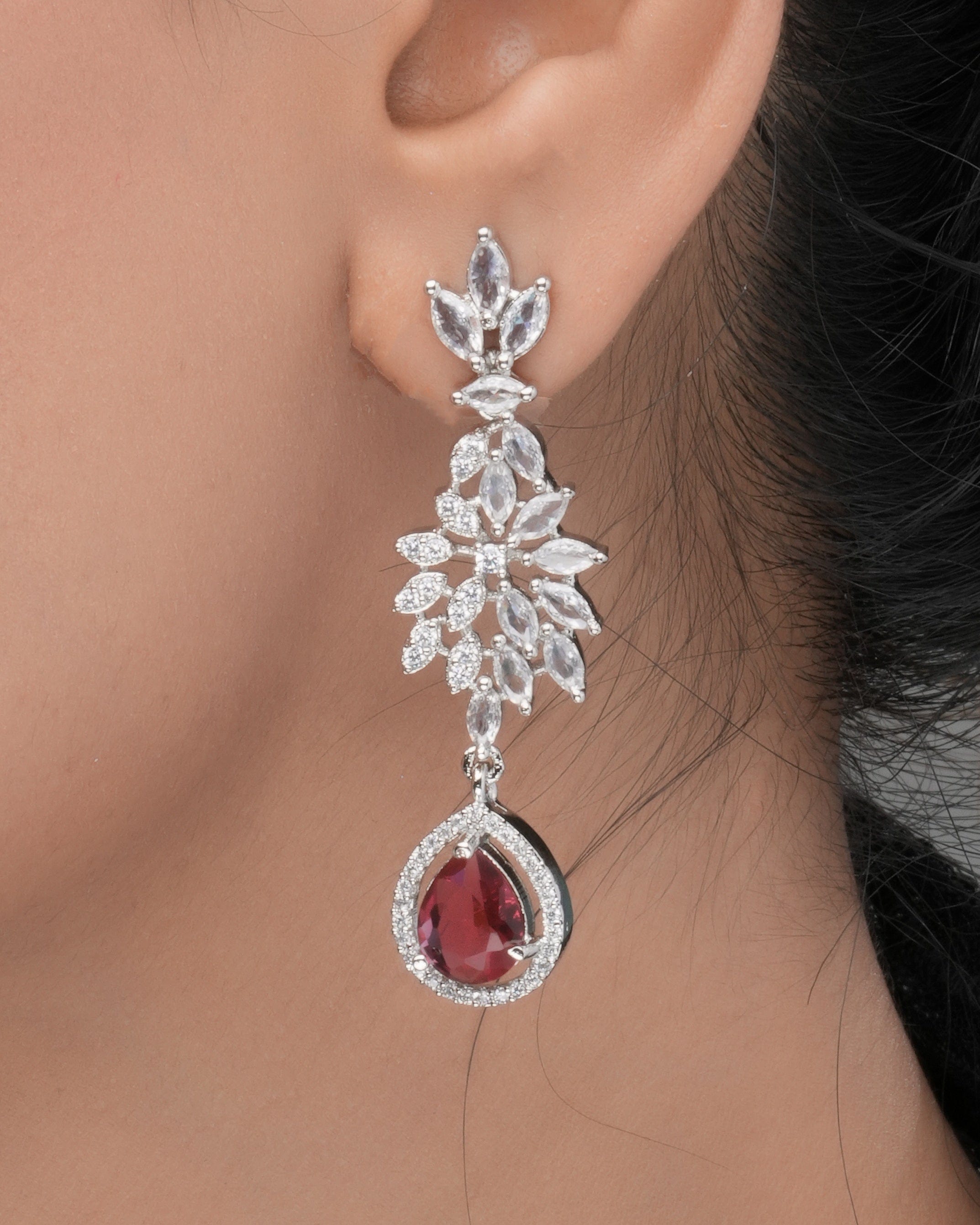 Silver-Plated Crystal Necklace & Earring Set with Ruby Red Drop