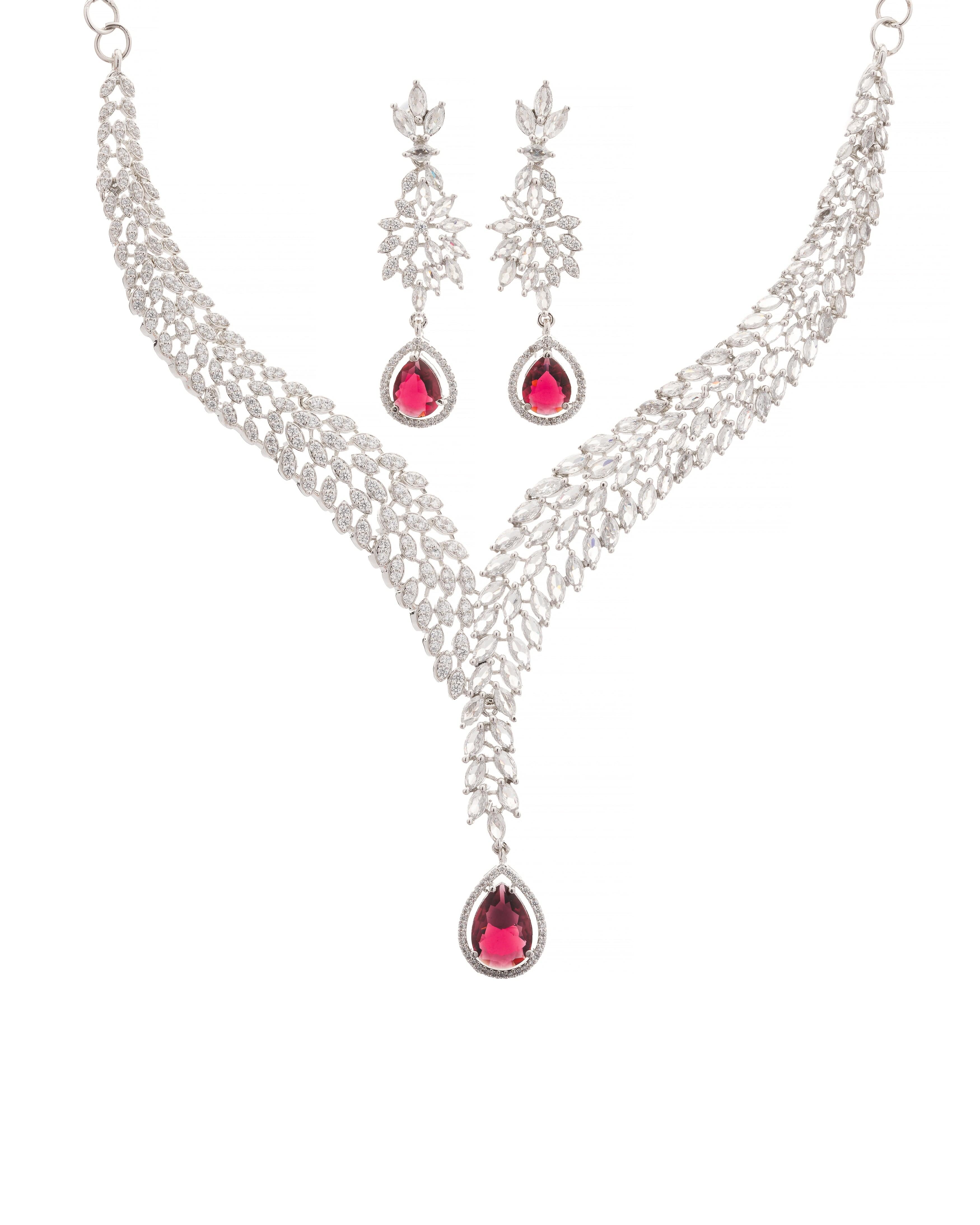 Silver-Plated Crystal Necklace & Earring Set with Ruby Red Drop
