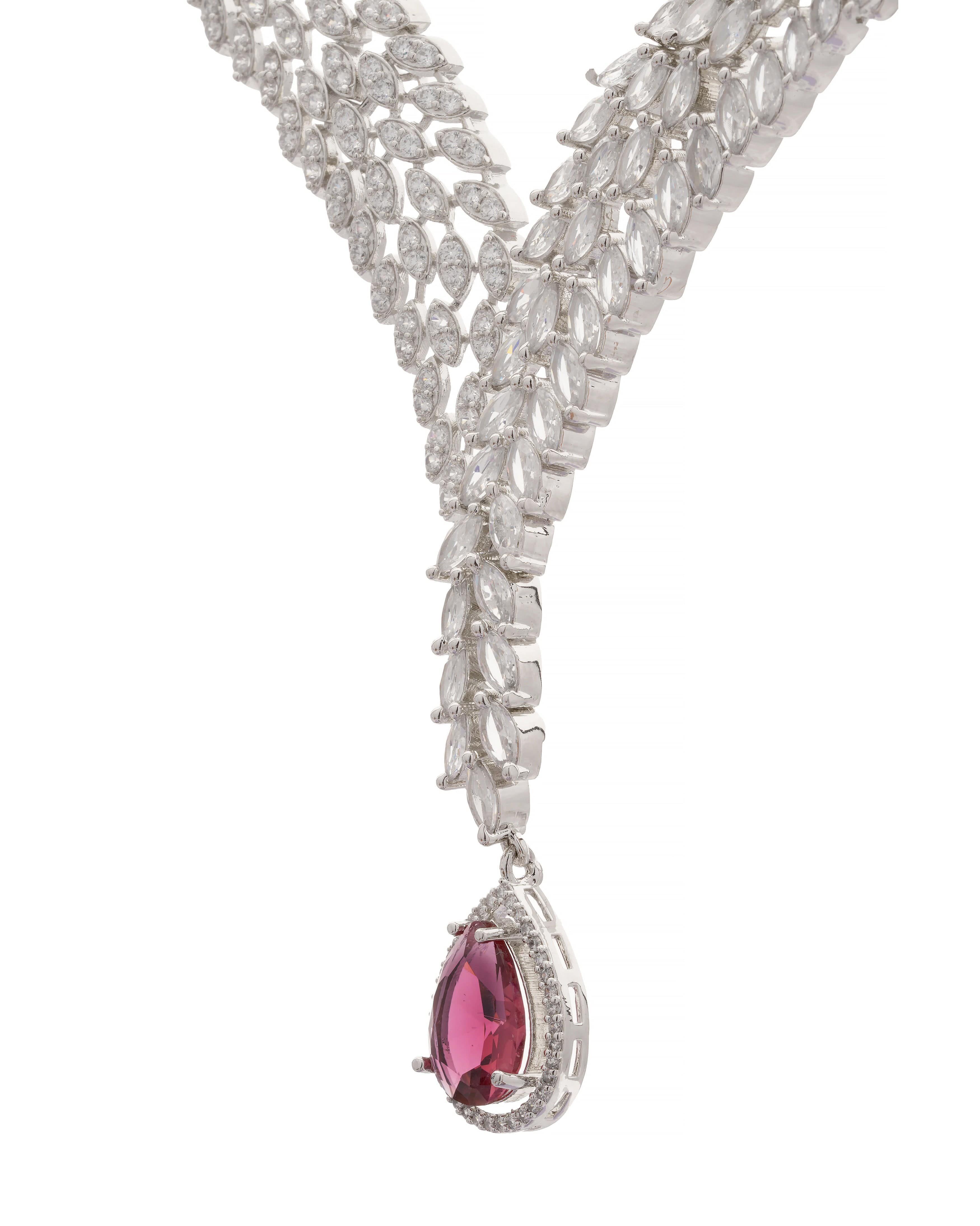 Silver-Plated Crystal Necklace & Earring Set with Ruby Red Drop