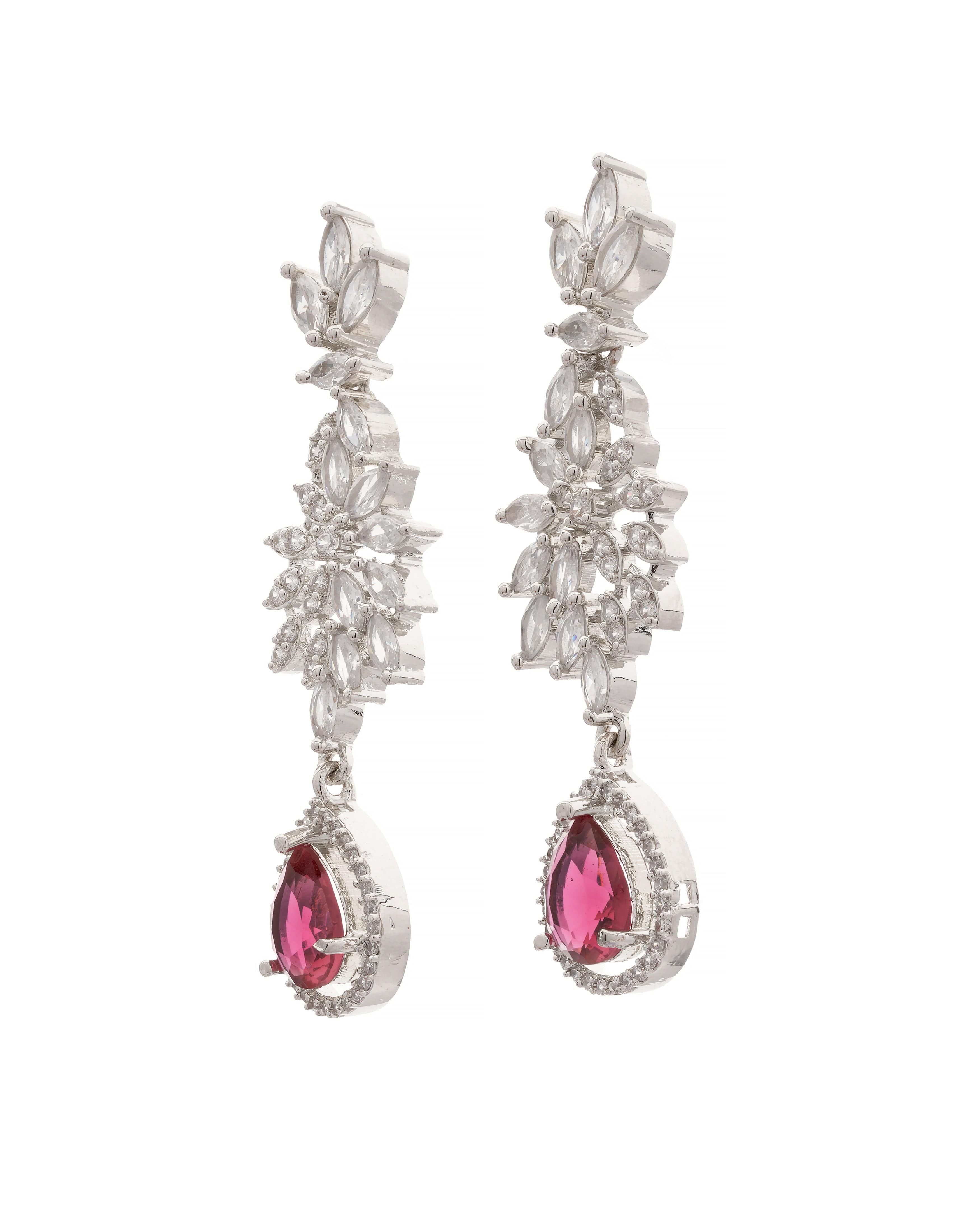 Silver-Plated Crystal Necklace & Earring Set with Ruby Red Drop