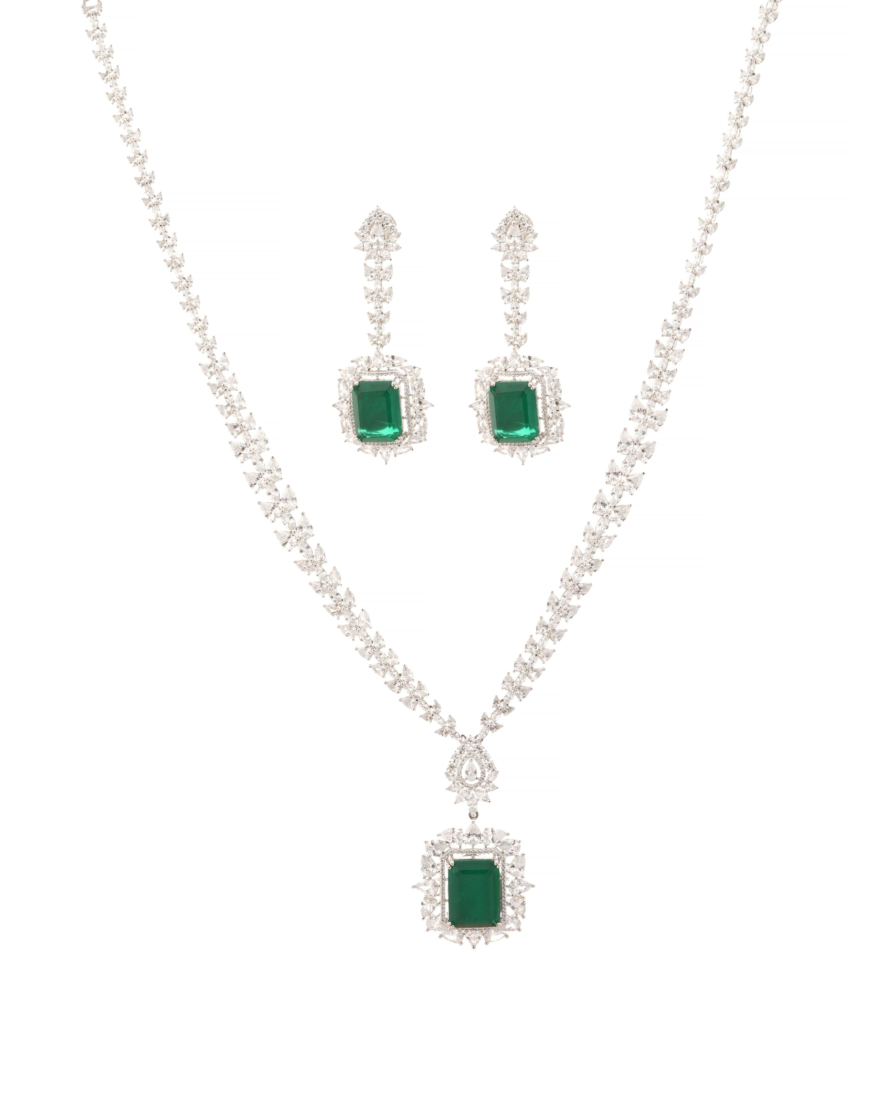 Emerald Radiance Necklace & Earrings Set – Silver Plated with CZ Halo