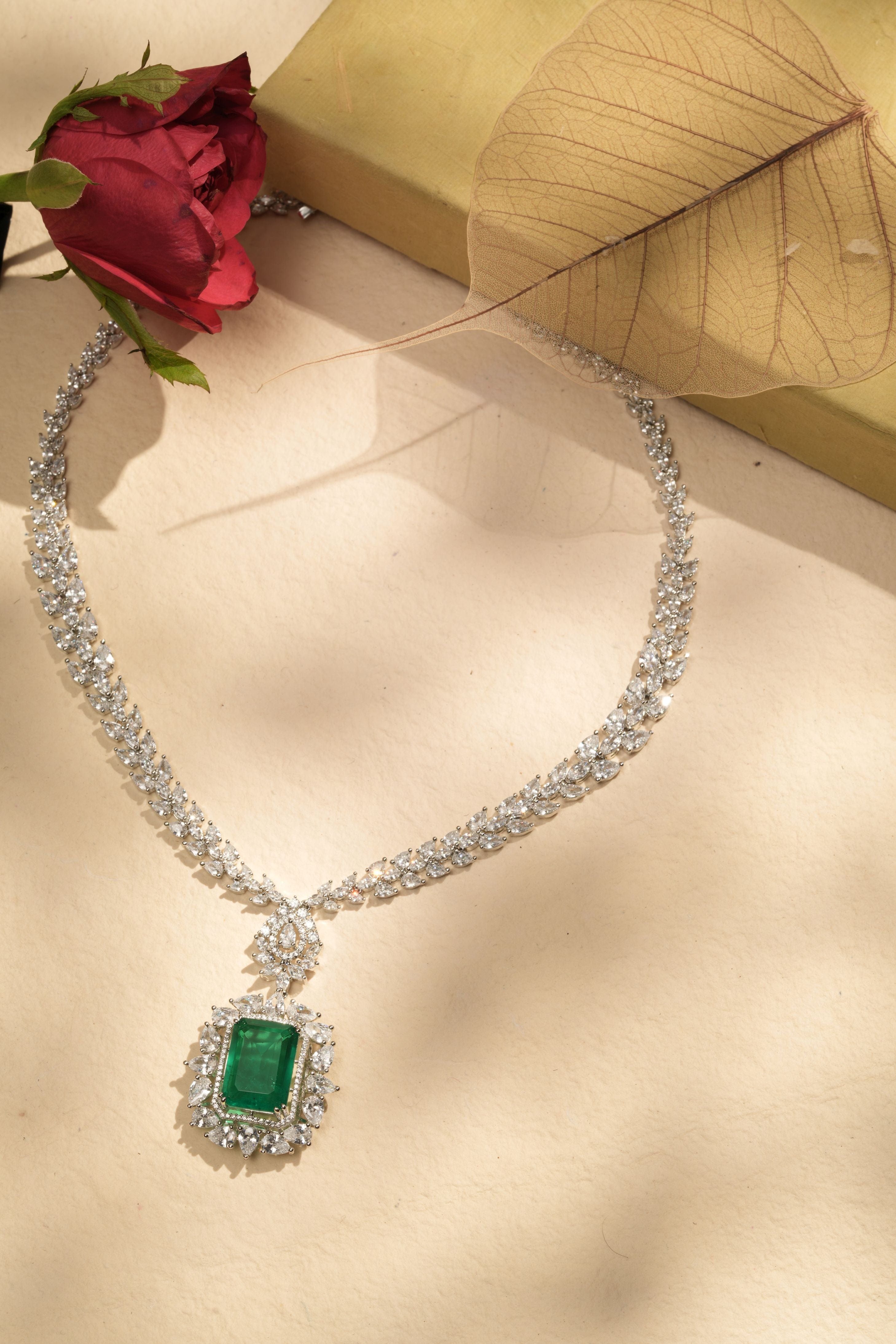 Emerald Radiance Necklace & Earrings Set – Silver Plated with CZ Halo