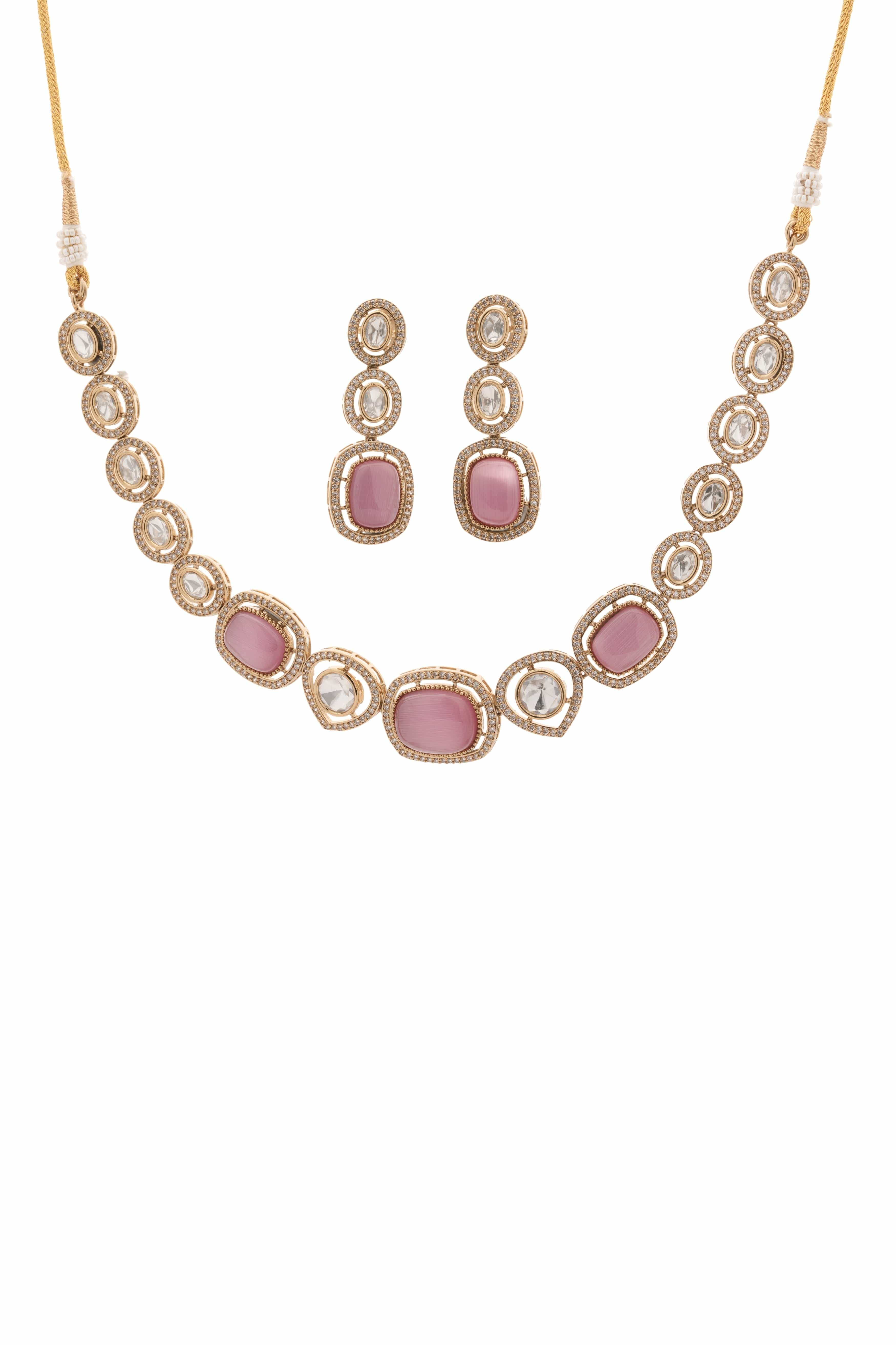 Rosy Regal – Pink Square & CZ Stone Choker Necklace