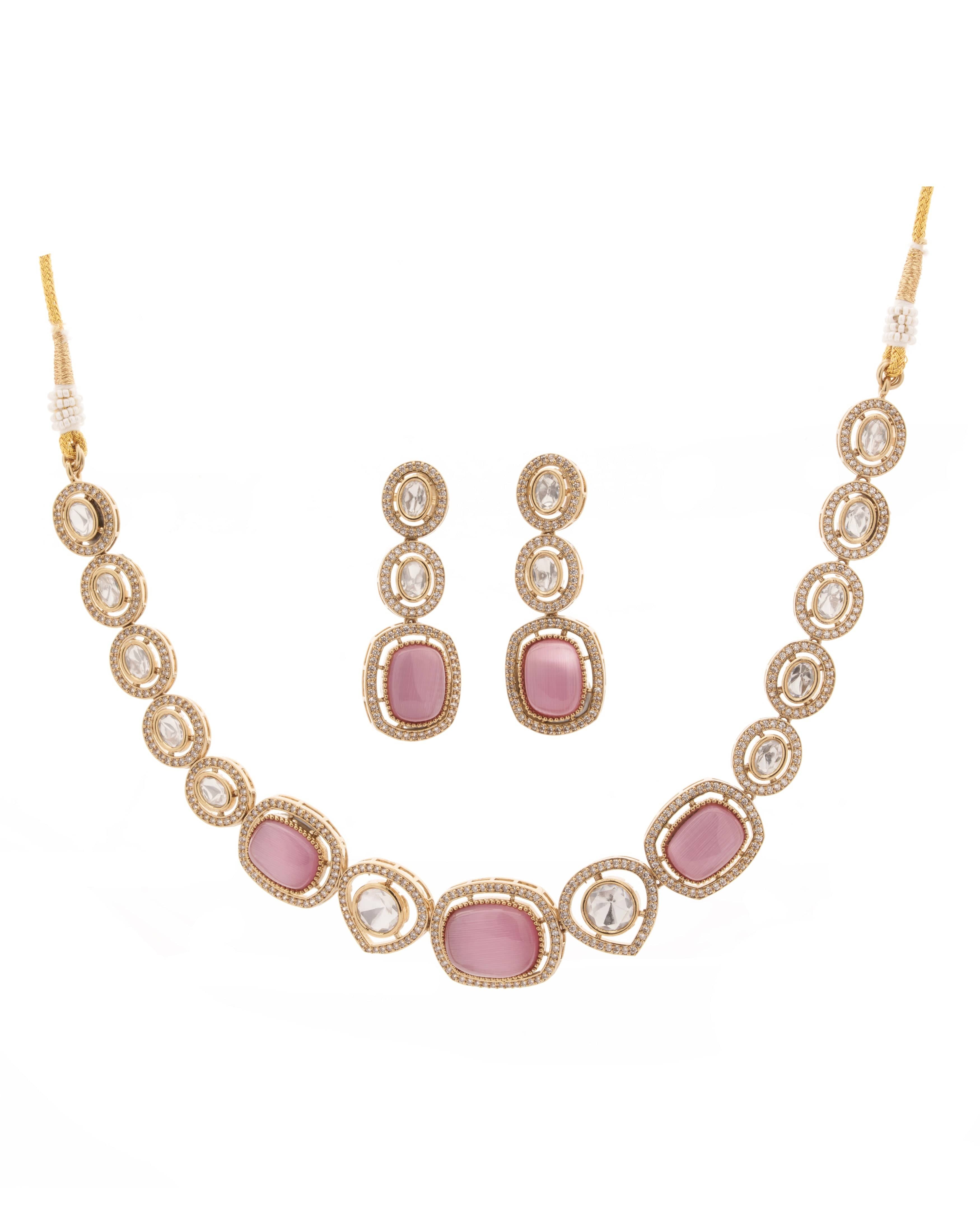 Rosy Regal – Pink Square & CZ Stone Choker Necklace