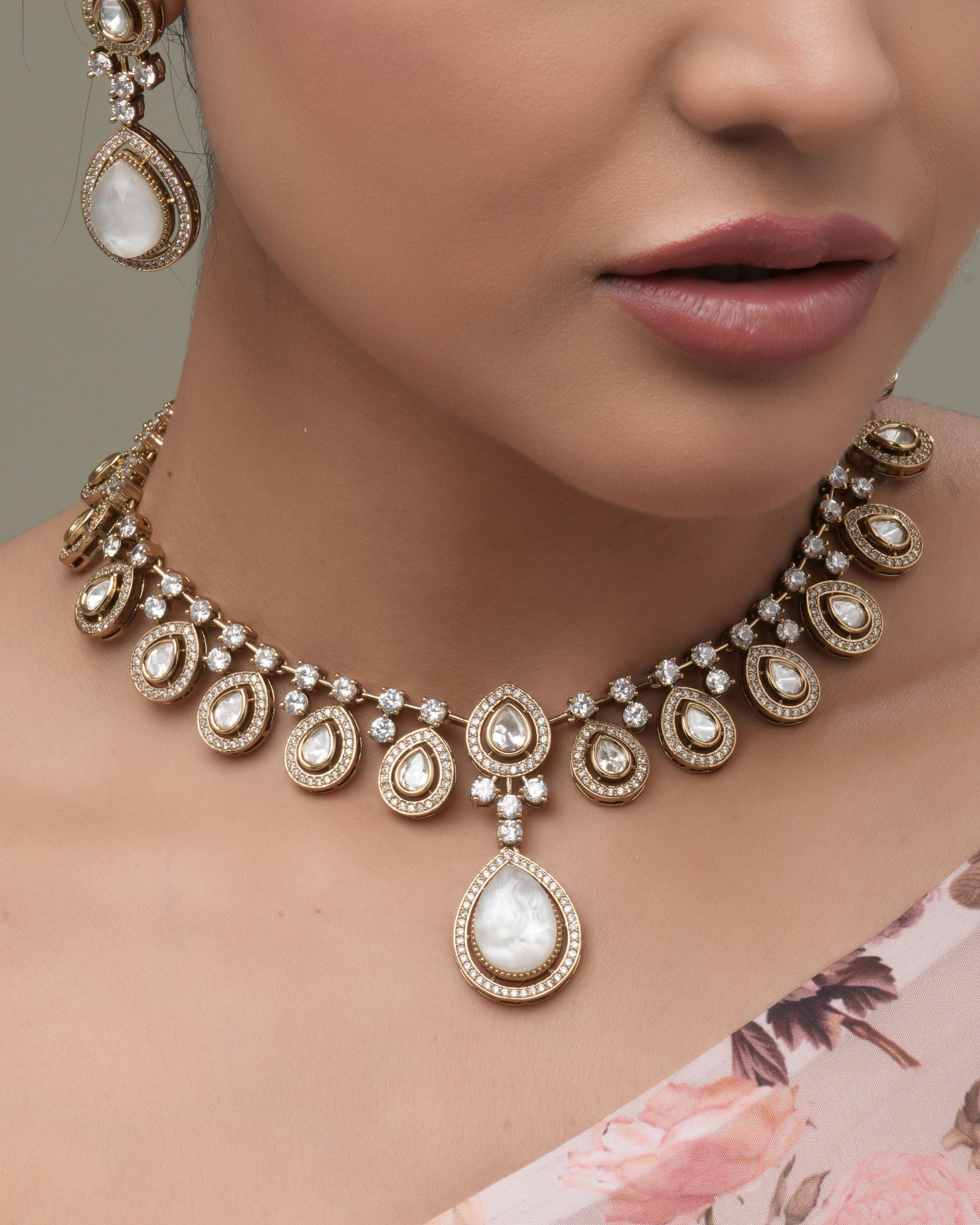 Iridescent Pearl & CZ Kundan Choker & Earring Set
