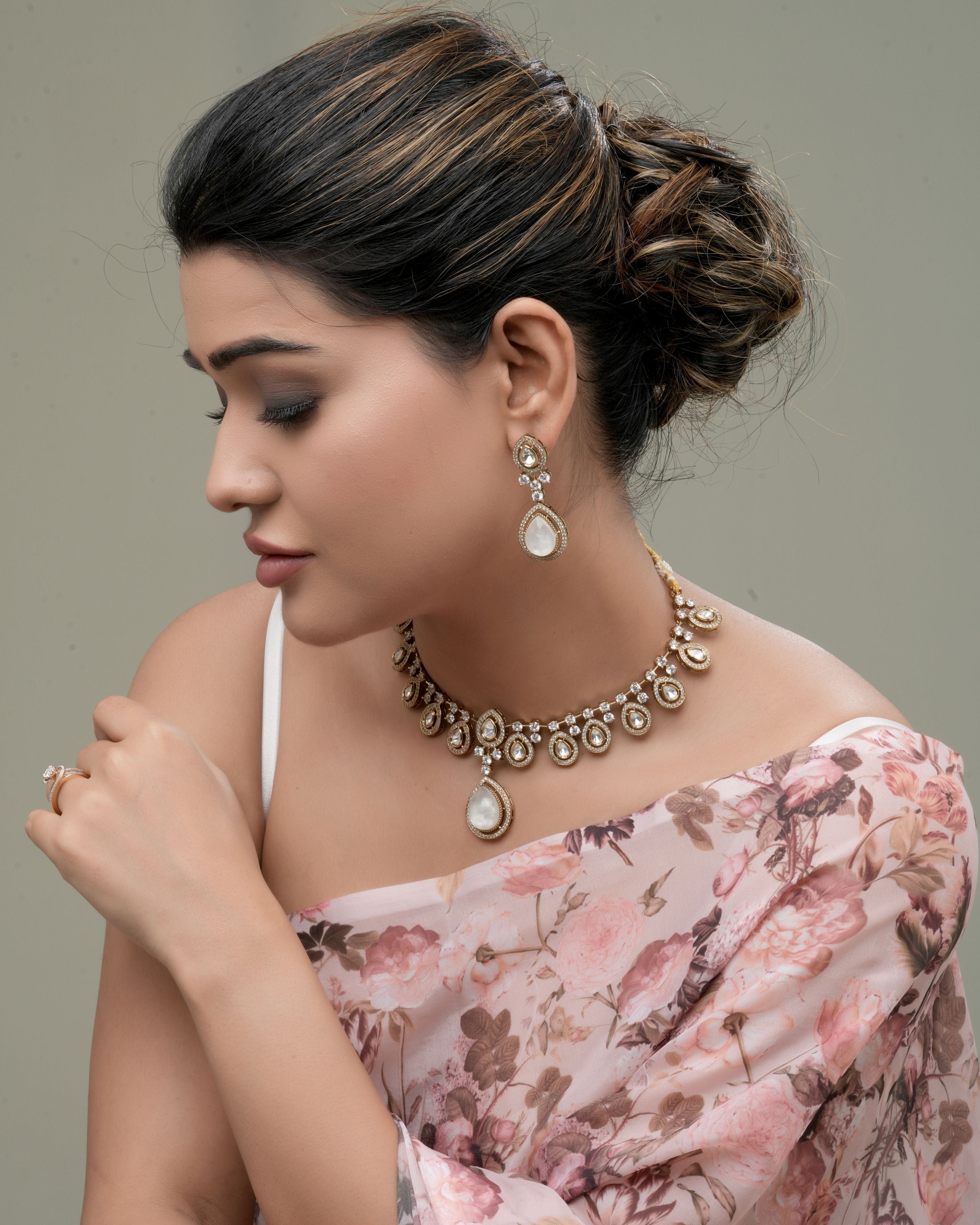 Iridescent Pearl & CZ Kundan Choker & Earring Set