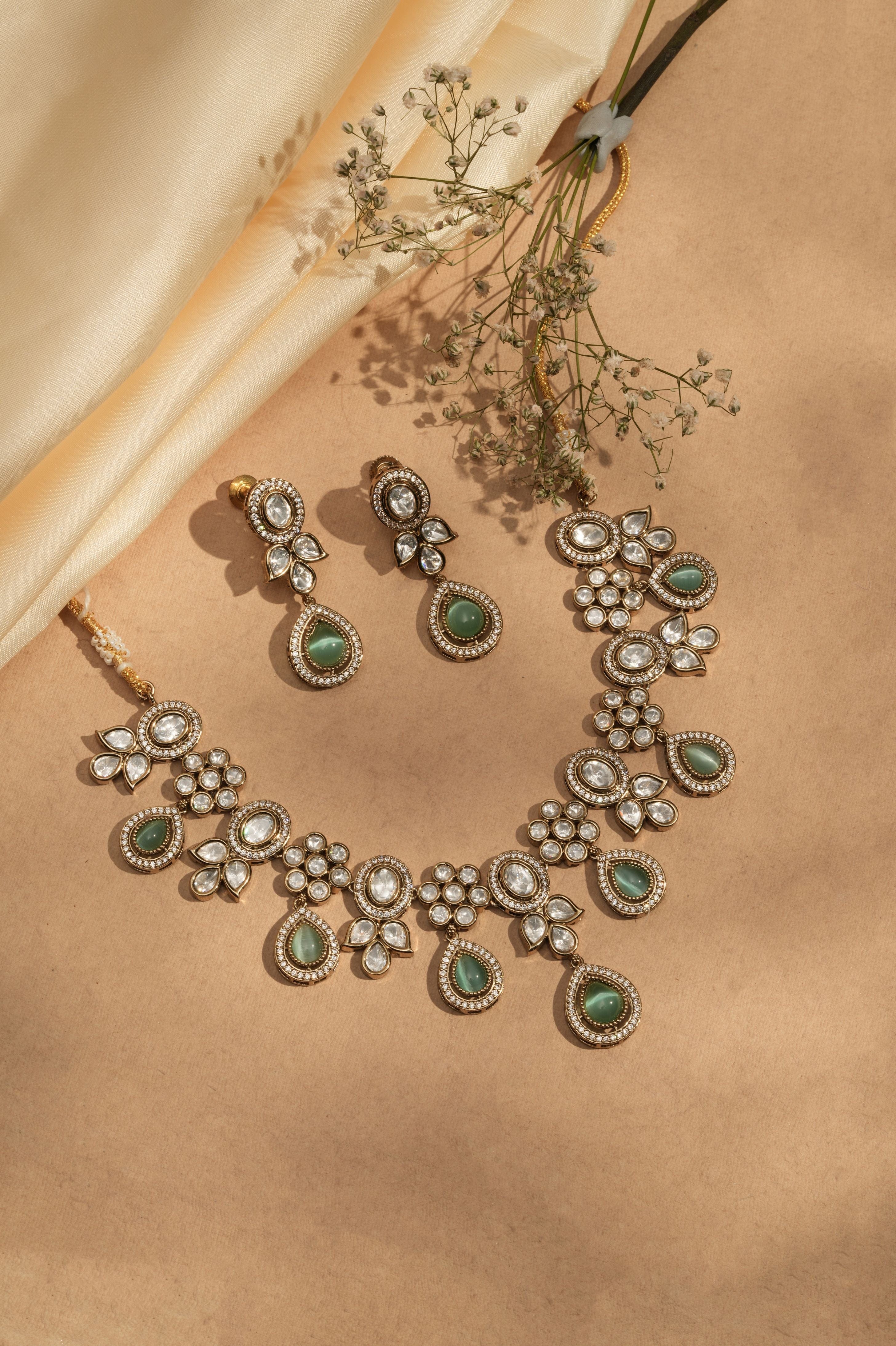 Blush Bloom Pearl & CZ Kundan necklace & Earrings set