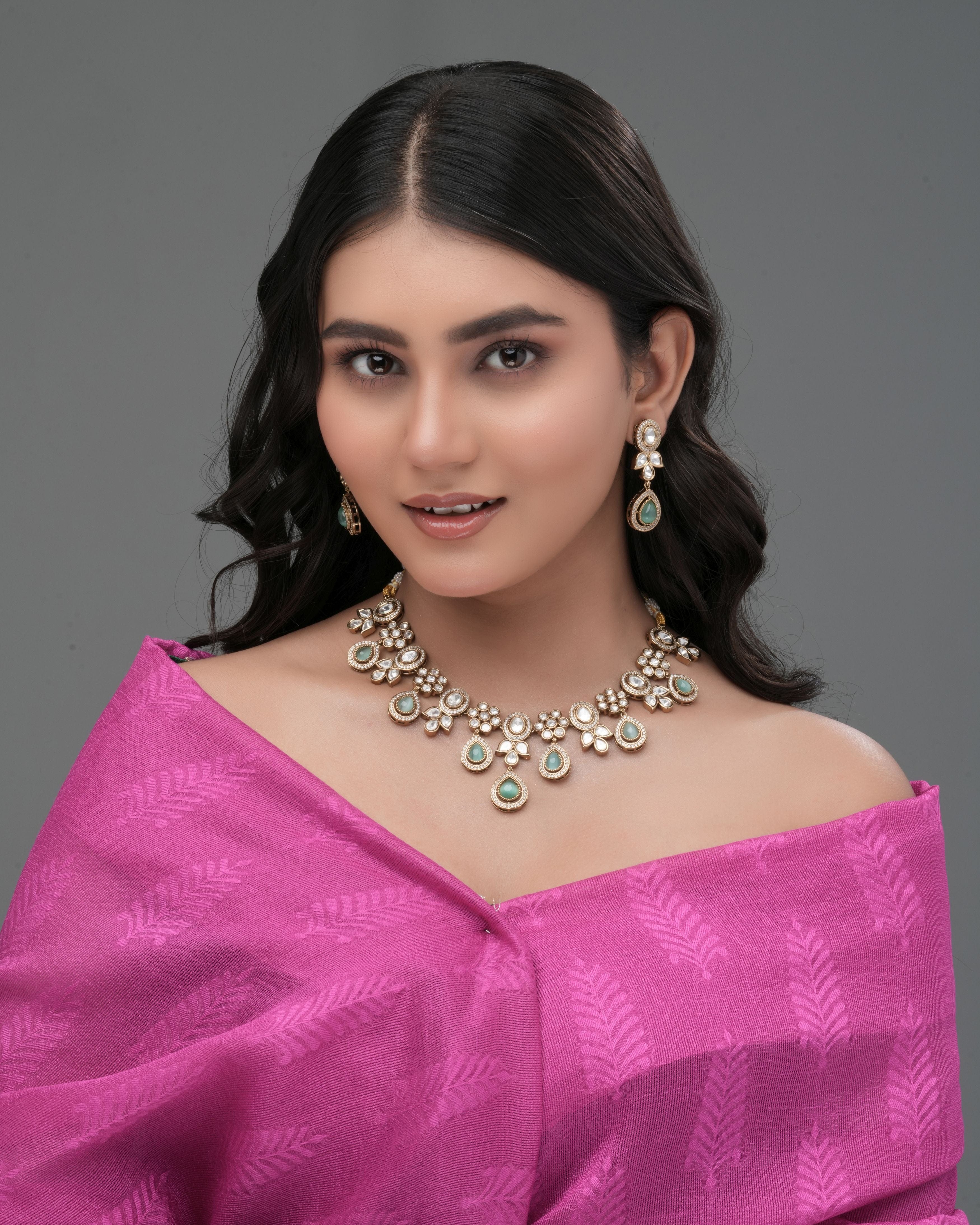 Blush Bloom Pearl & CZ Kundan necklace & Earrings set