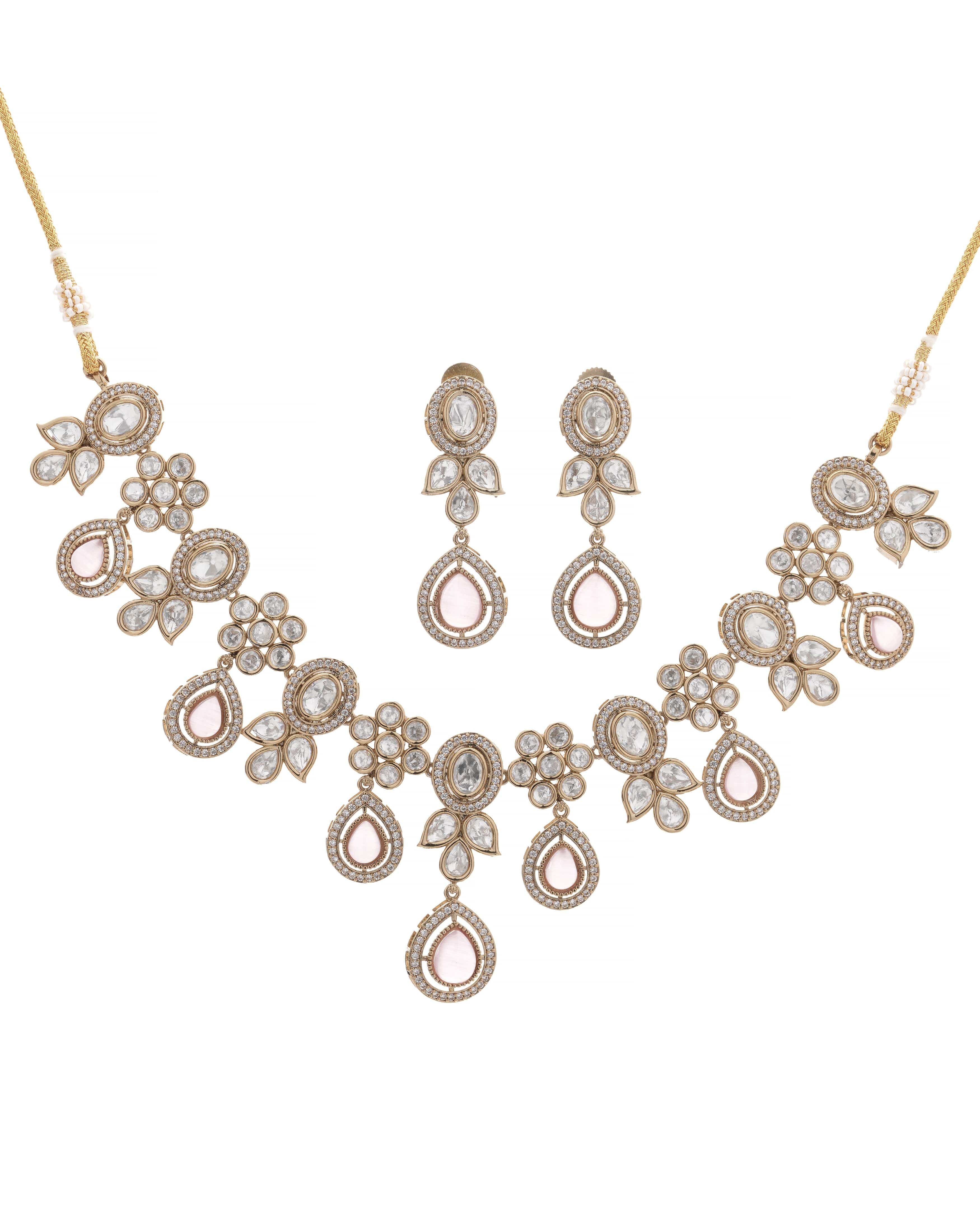 Blush Bloom Pearl & CZ Kundan necklace & Earrings set