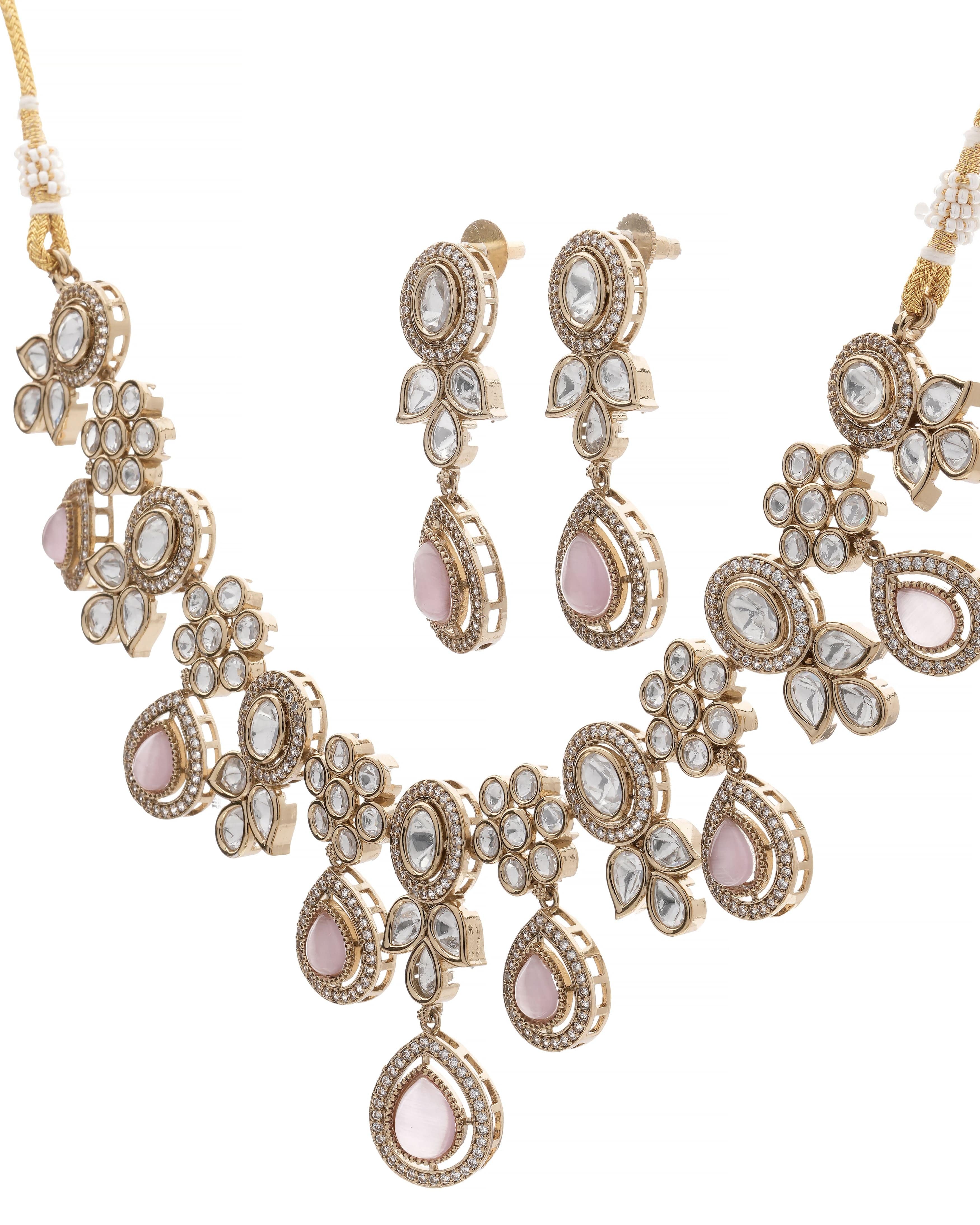 Blush Bloom Pearl & CZ Kundan necklace & Earrings set