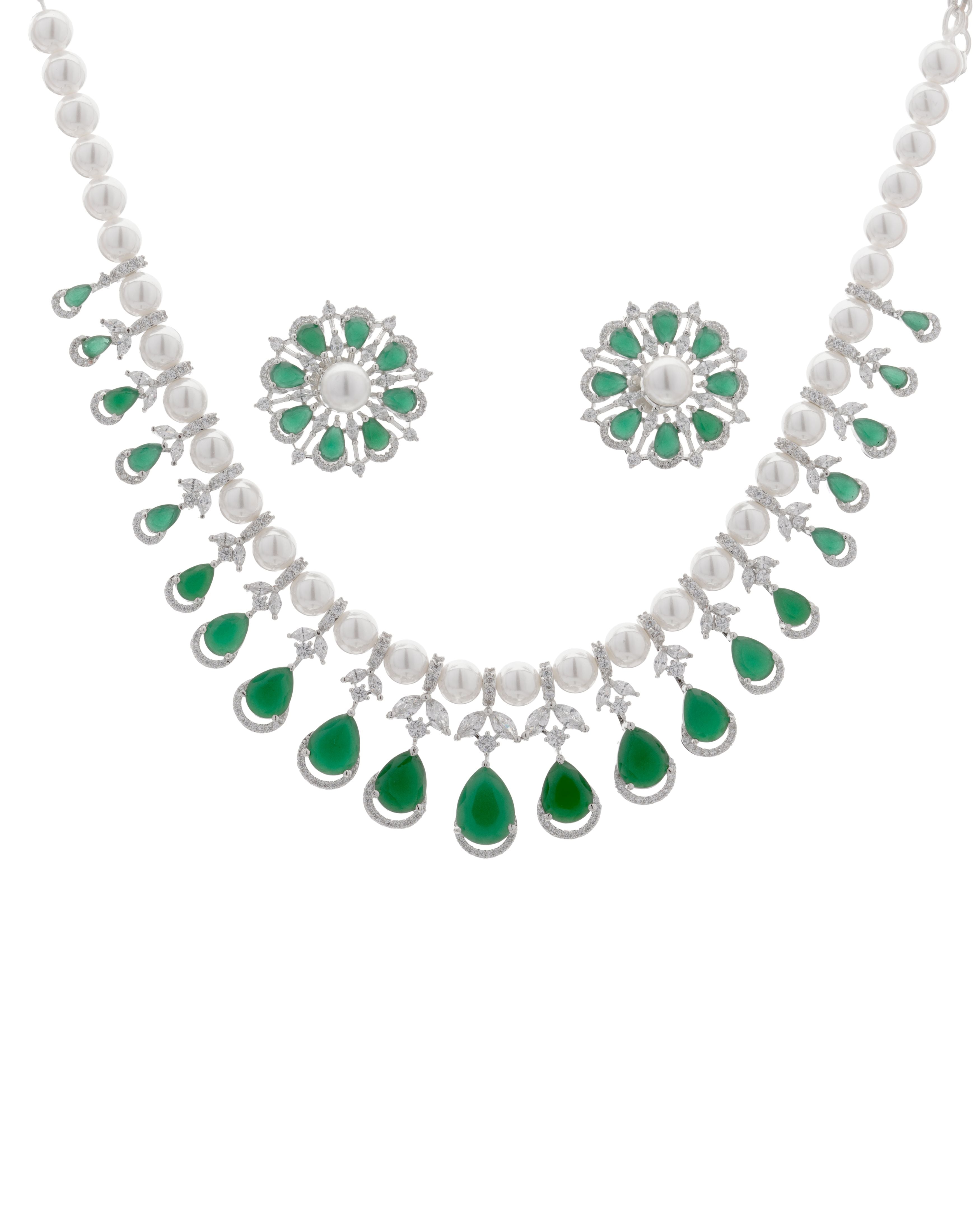 Emerald Green Pearl Glow Necklace & Earrings Set