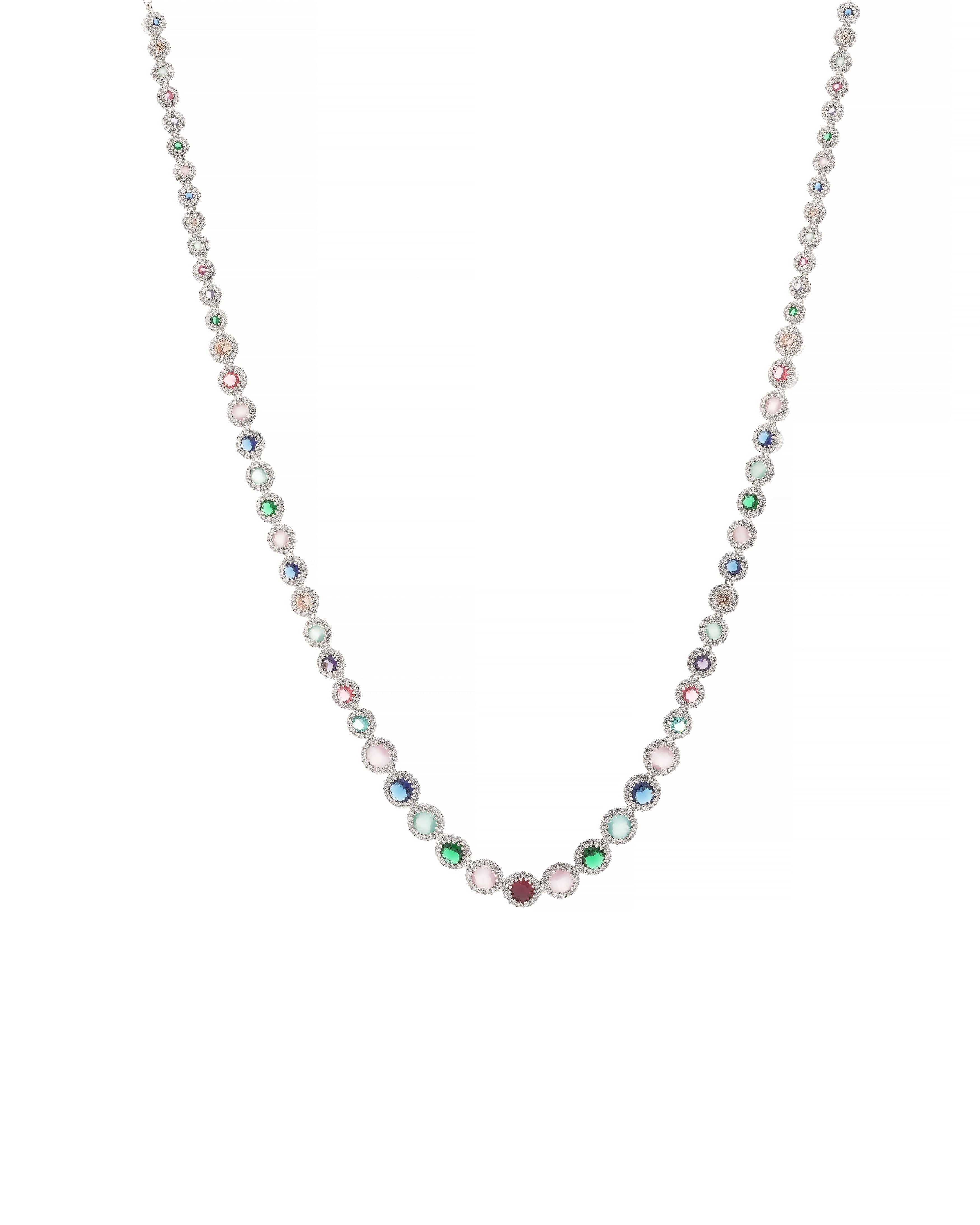 Prismatic Radiance CZ Gem Halo Necklace & Earring Set.