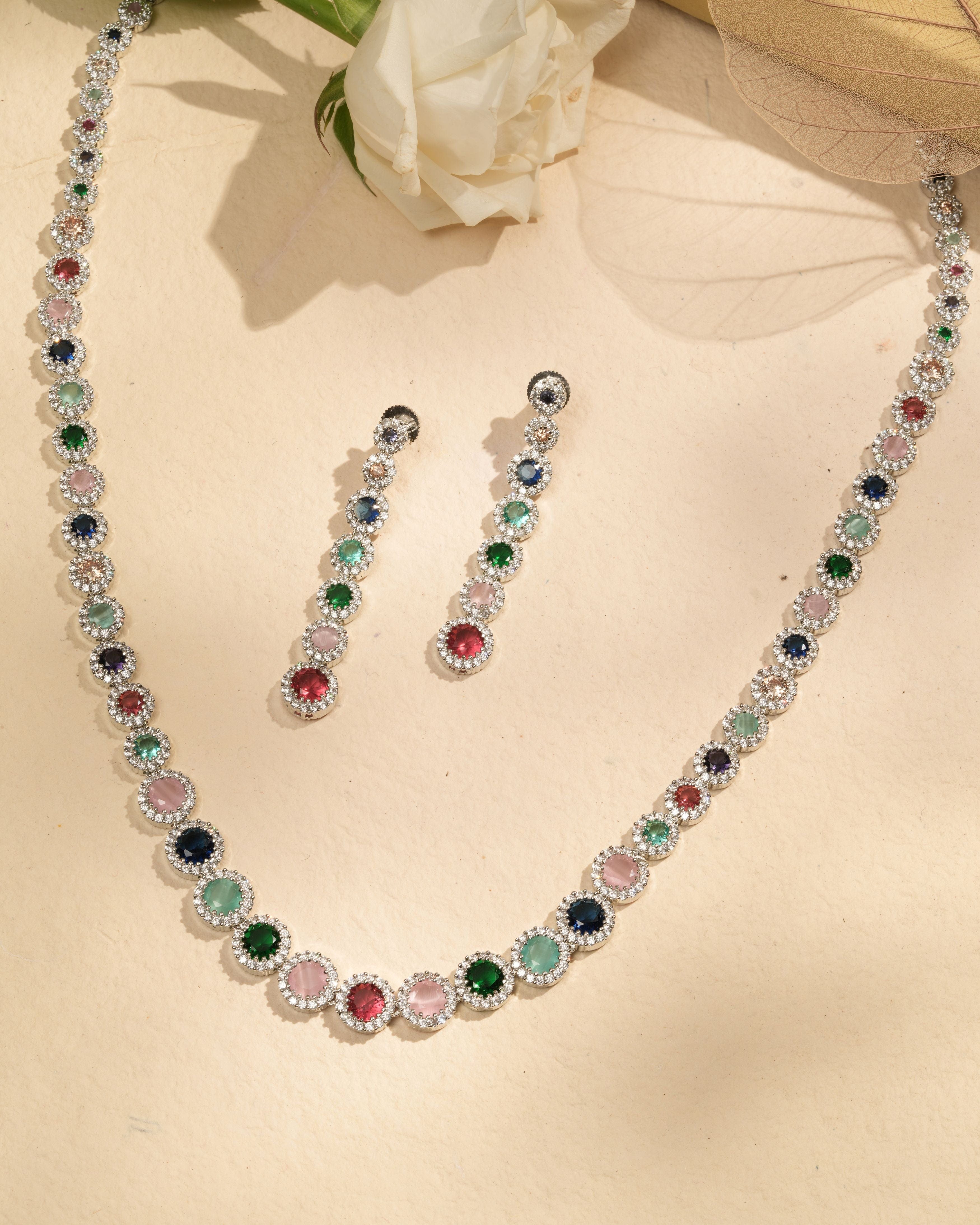 Prismatic Radiance CZ Gem Halo Necklace & Earring Set.