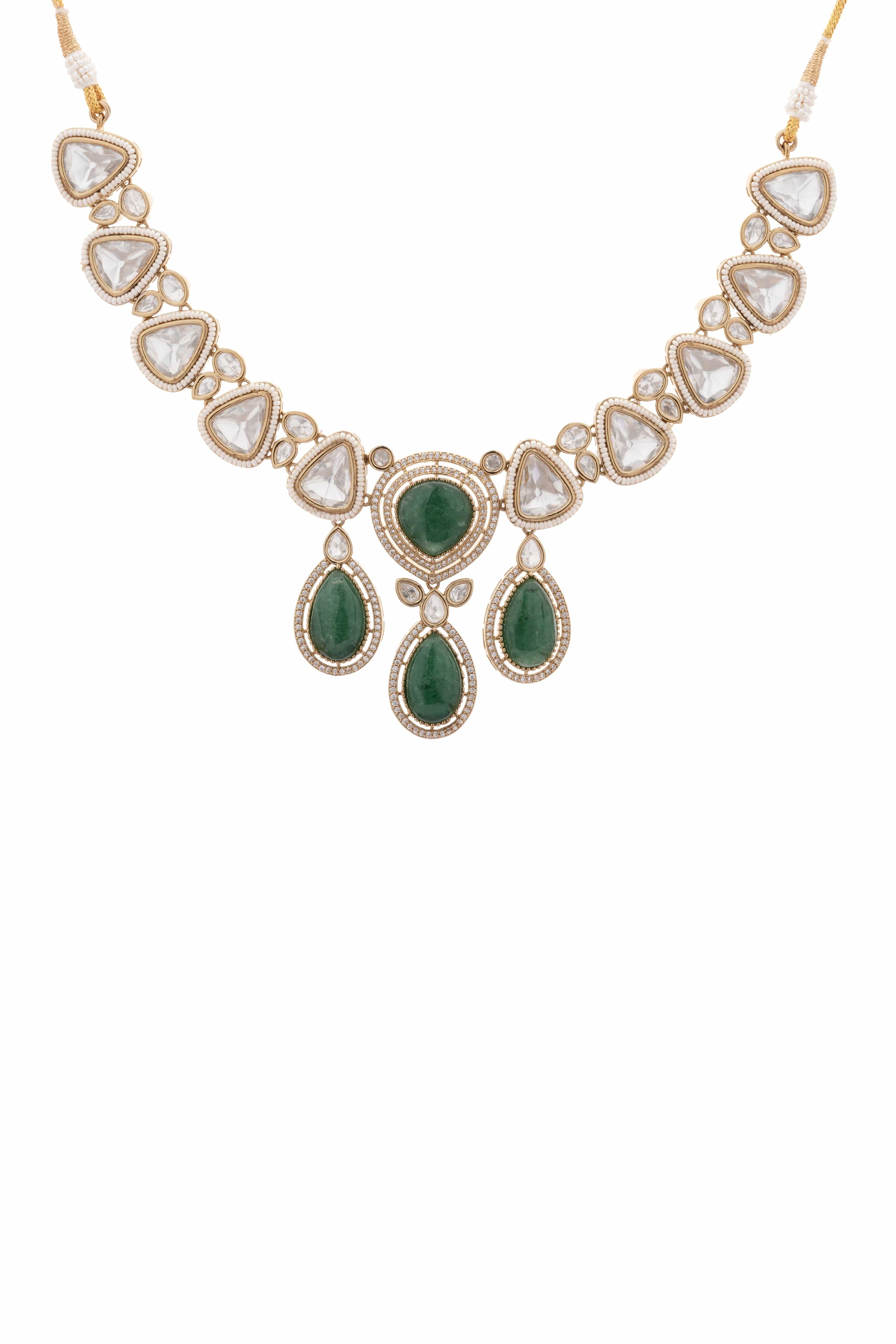 Elegant Jade‑Green Natural Stone  & Clear Triangle Uncut moissanite Necklace & Earring Set
