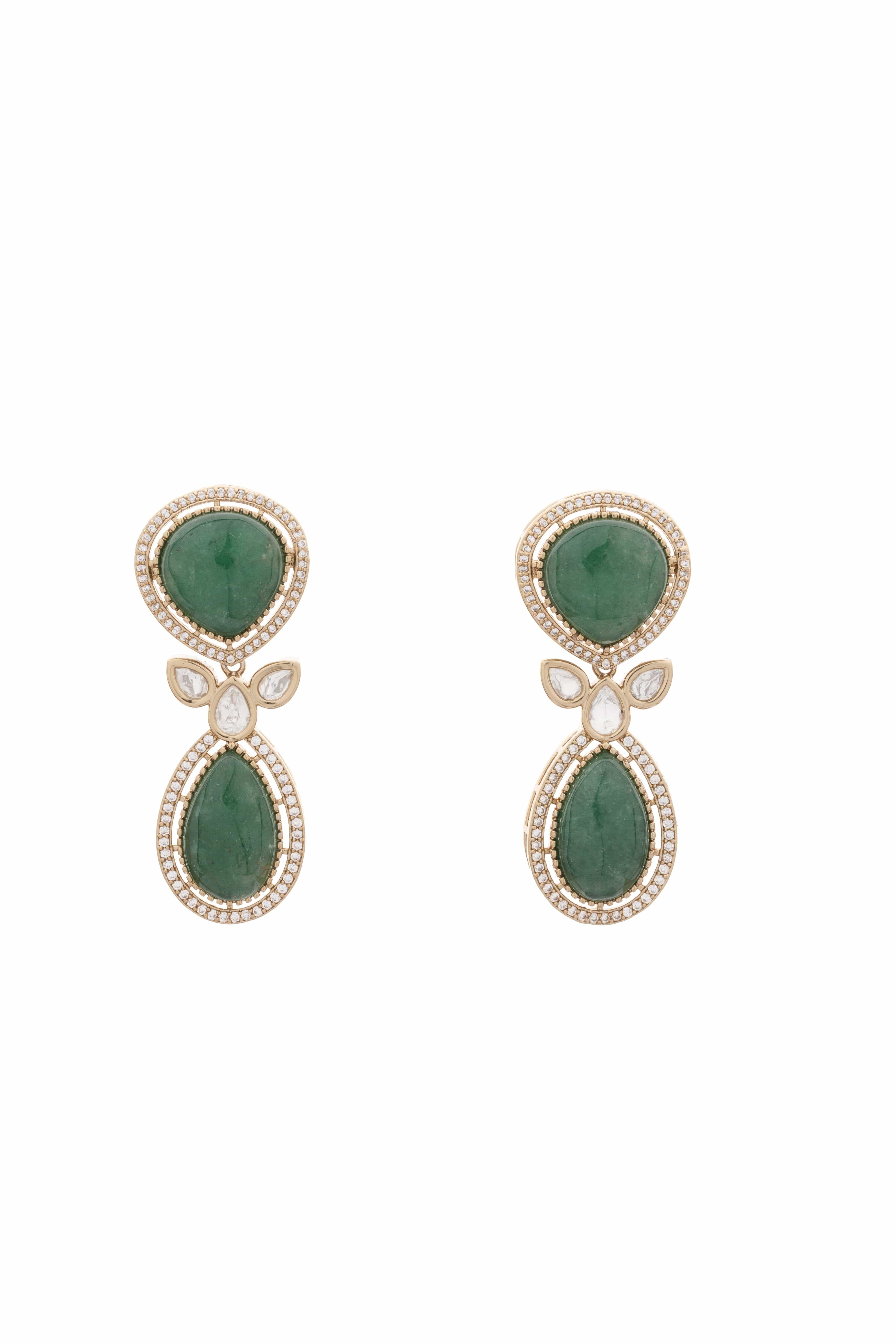 Elegant Jade‑Green Natural Stone  & Clear Triangle Uncut moissanite Necklace & Earring Set