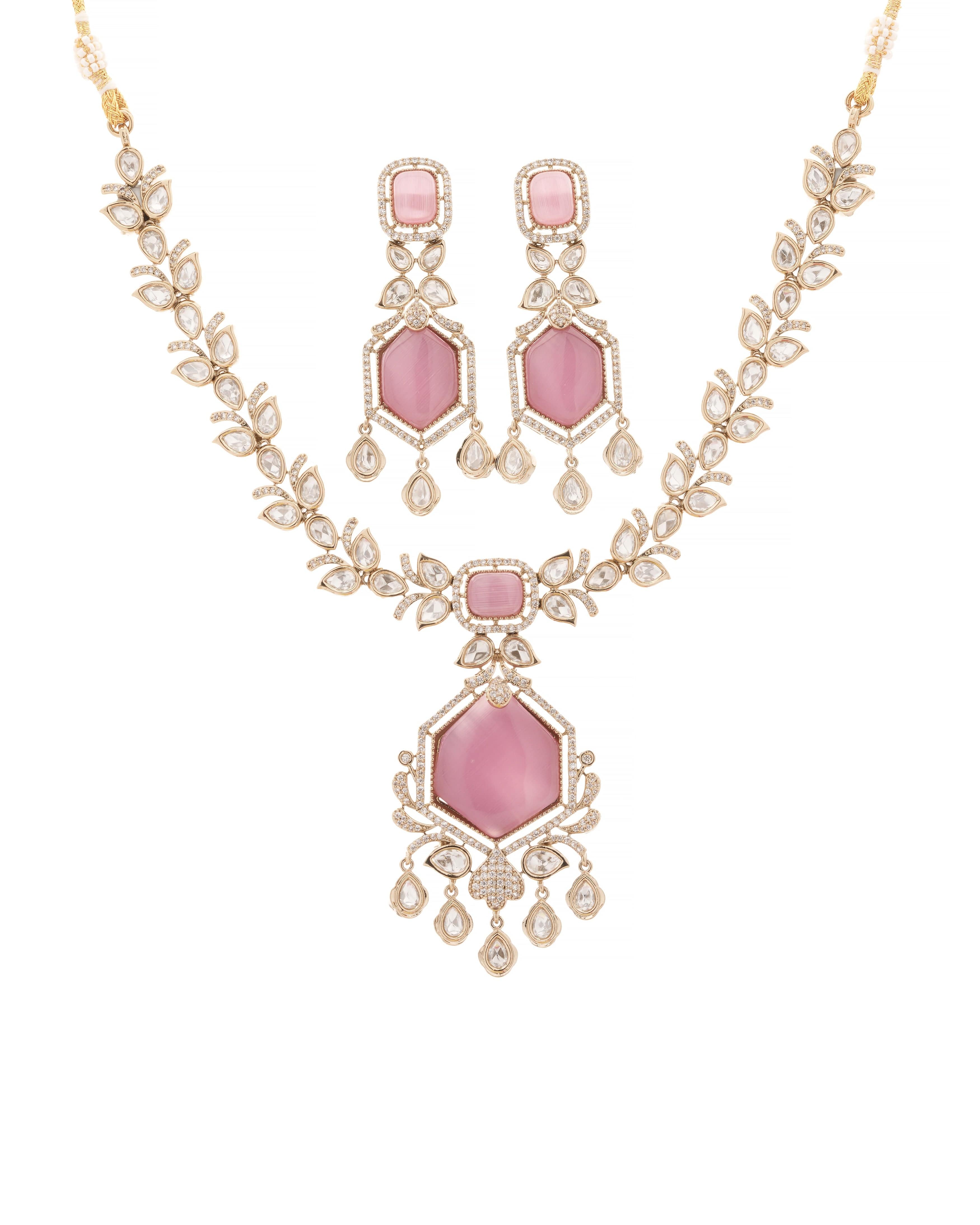 Rosy Pink Leaf‑Motif “Mona Lisa” Pendant & Earring Set