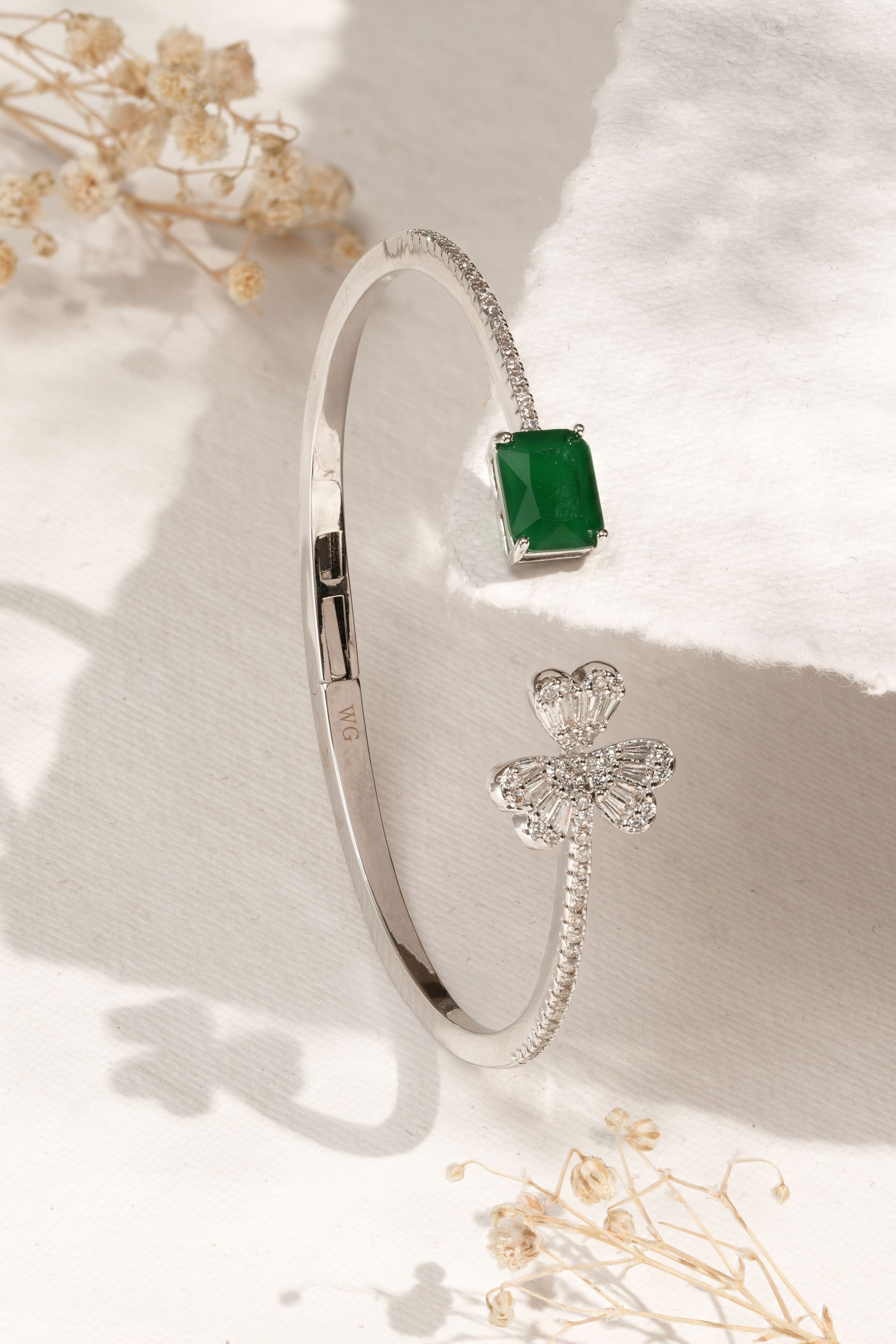 Emerald Clover Charm Open Bangle Bracelet