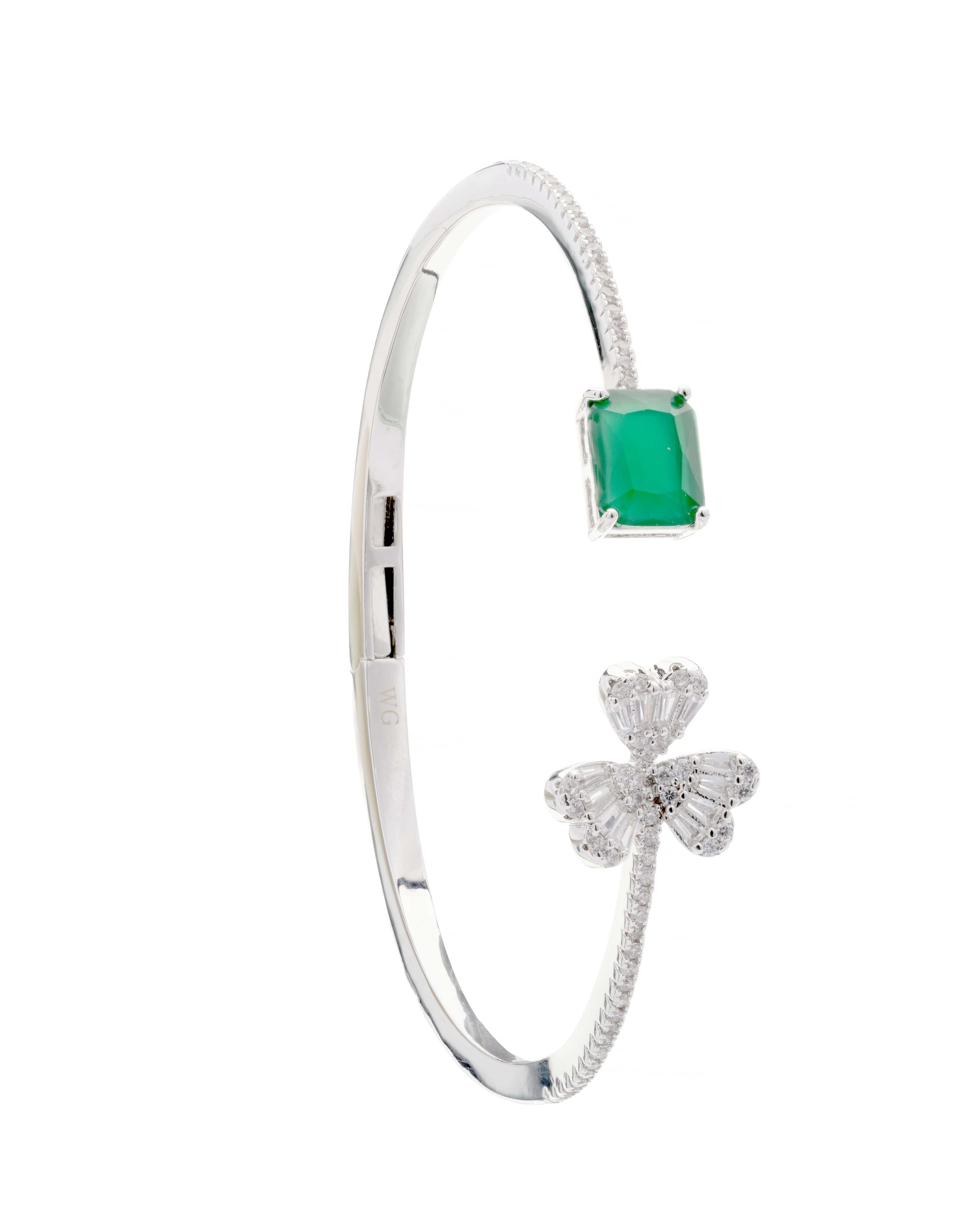 Emerald Clover Charm Open Bangle Bracelet