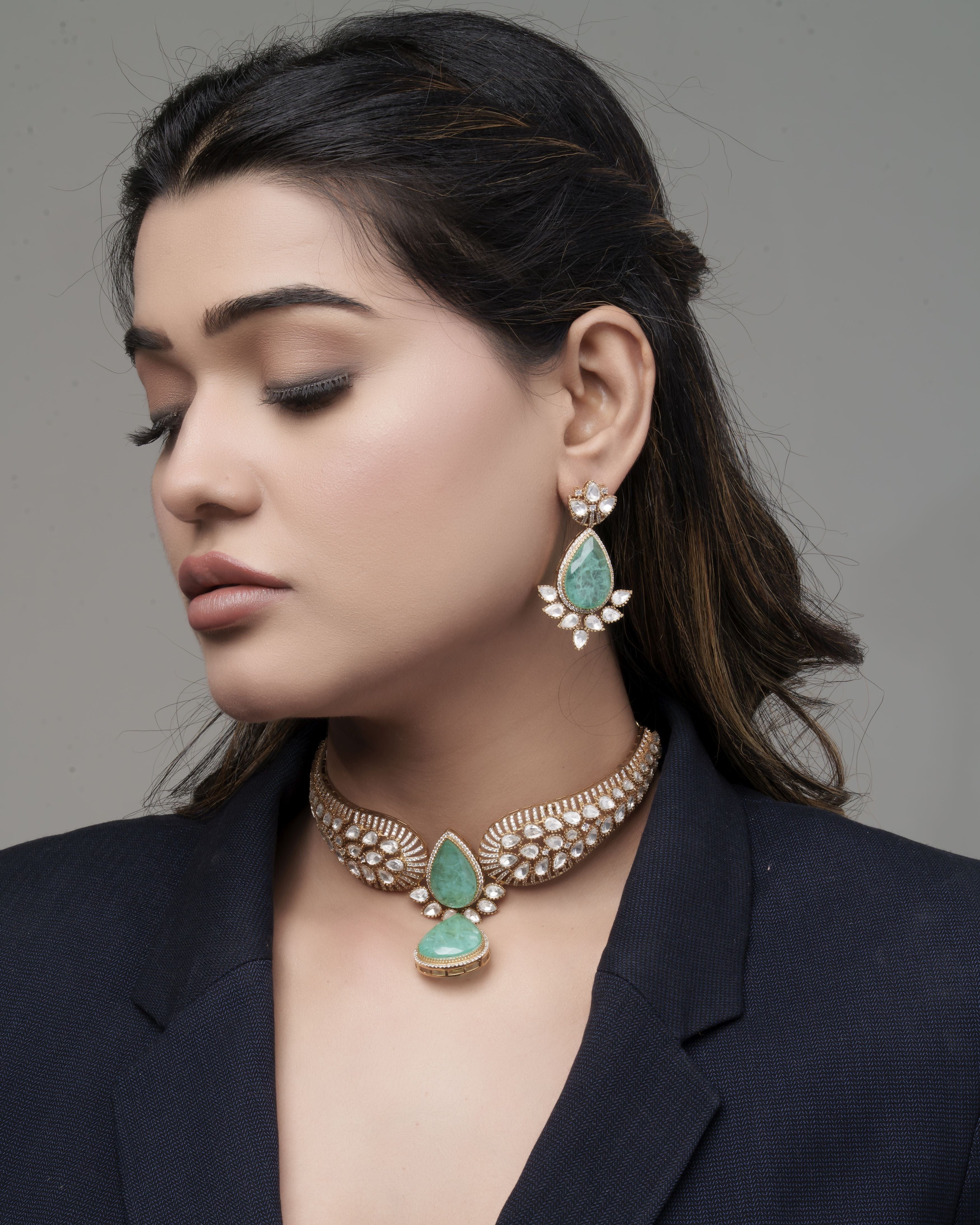 Emerald Green Teardrop Choker & Earrings Set with Crystal Detailing