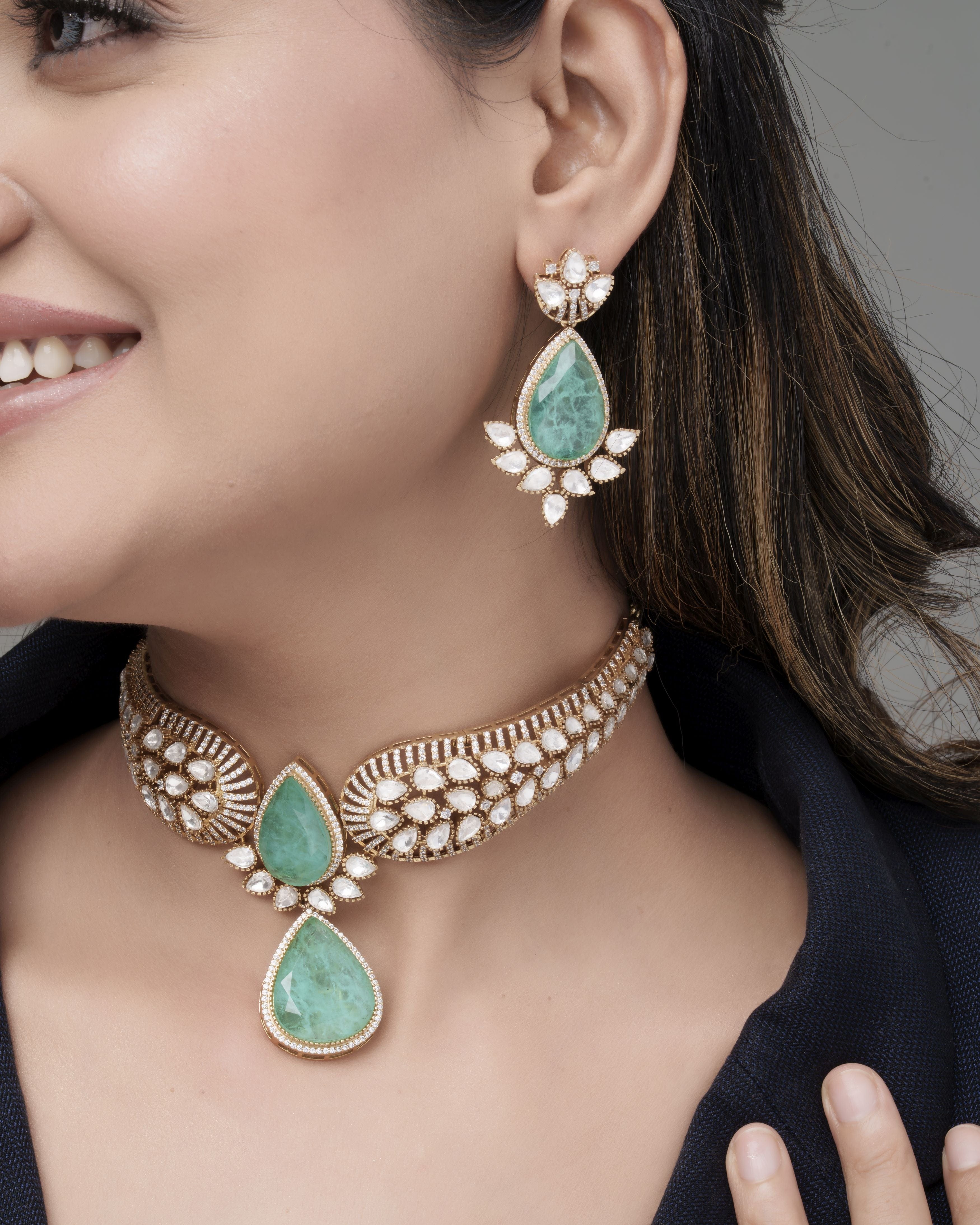 Emerald Green Teardrop Choker & Earrings Set with Crystal Detailing