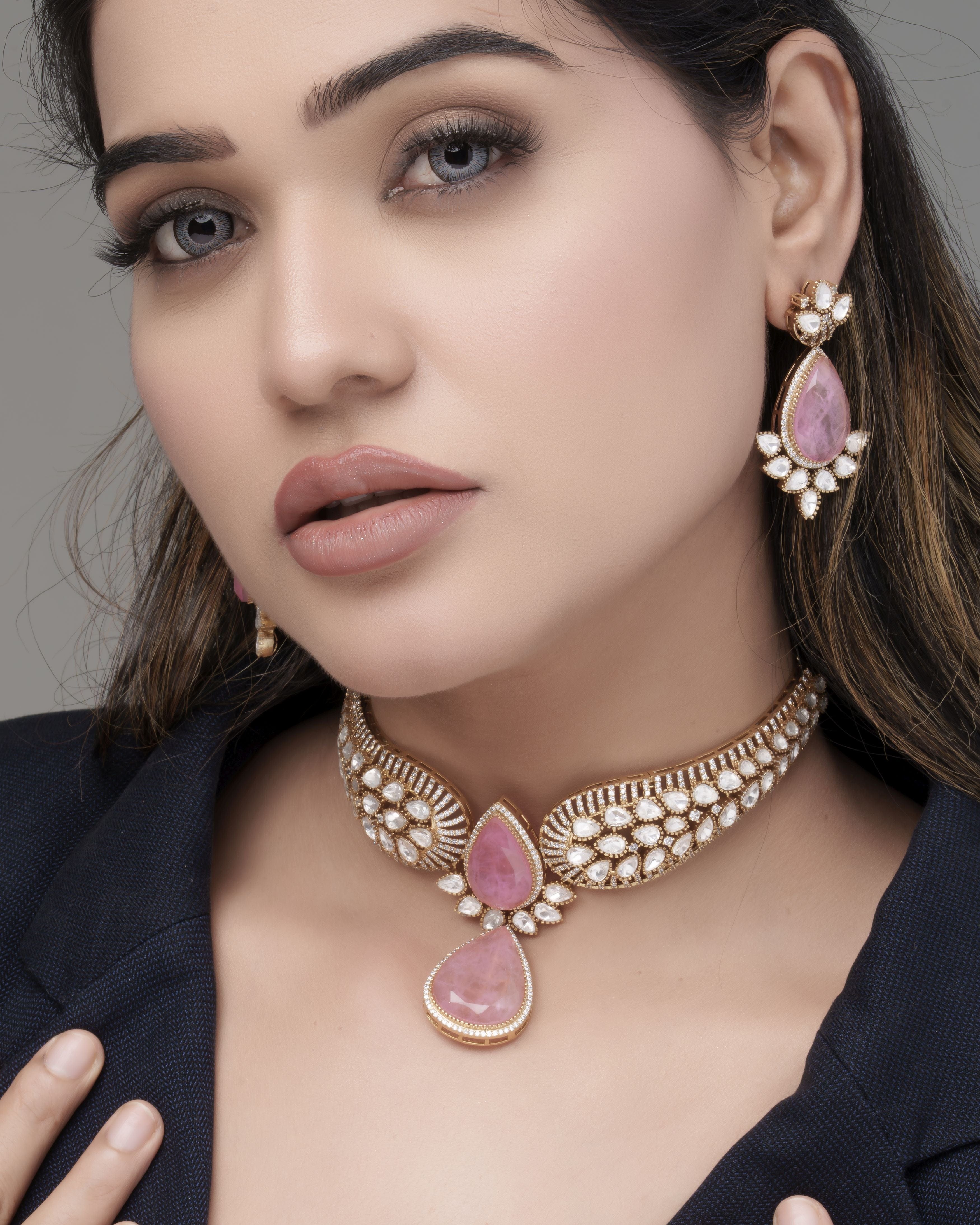 Emerald Green Teardrop Choker & Earrings Set with Crystal Detailing