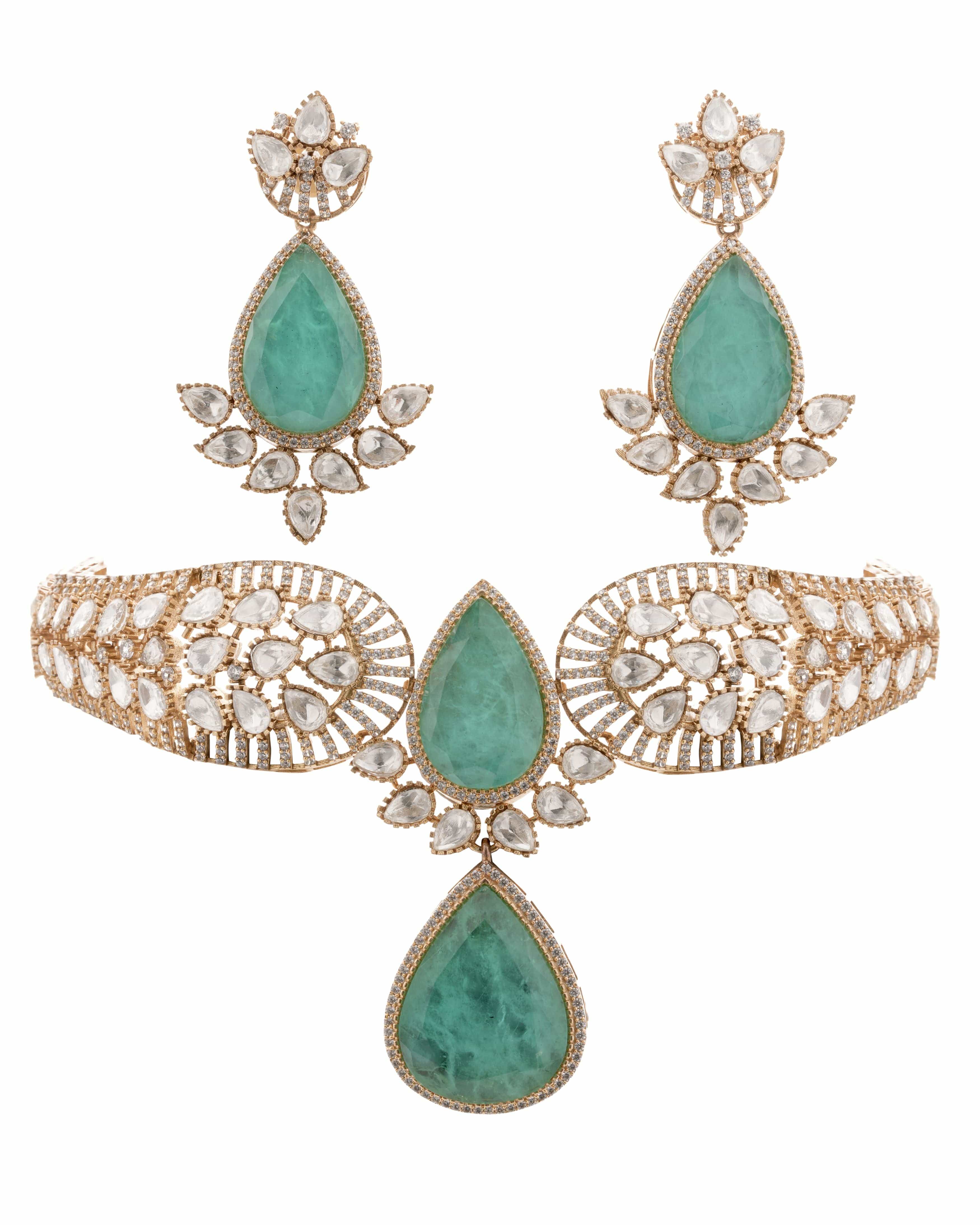 Emerald Green Teardrop Choker & Earrings Set with Crystal Detailing