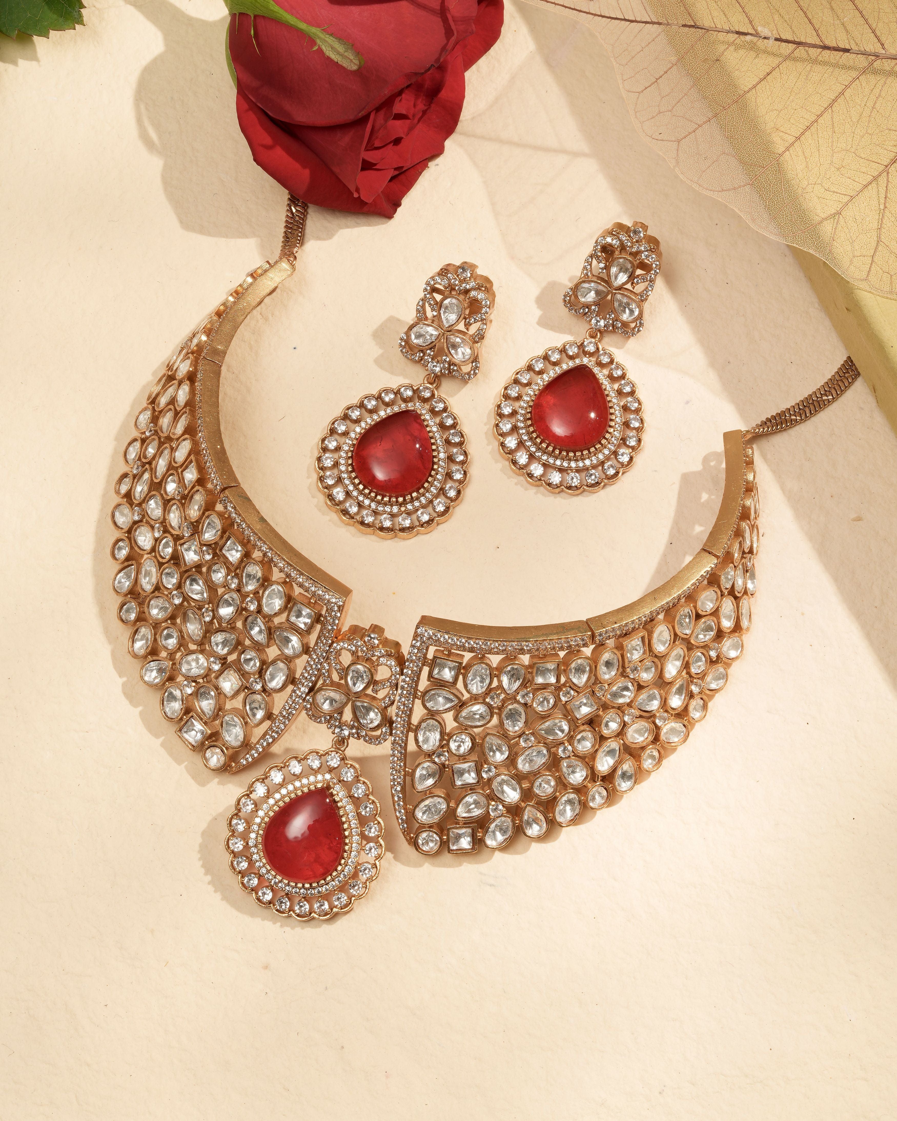 Ruby Flame Gold Bridal Choker Set – Red Stone Highlight